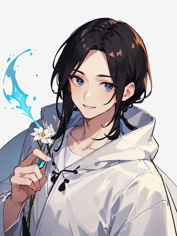 Boy smiling and holding flowers,white backgrounid,Forehead,Hairstyle with visible forehead,Ultra Detail,Haig Quality,sketch,1boy,matured male,Beautiful face,(Black center parting hair:1.3),Handsome men,Pearl skin,white hoodie,drooping eyes,Dynamic Angle,Japan Anime,