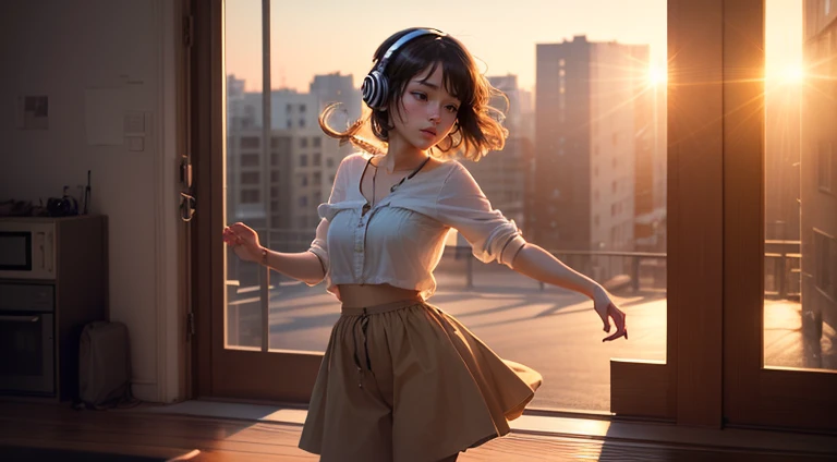 (((masterpiece))), (((best quality))), ((ultra-detailed)) ((sunlight light)) lofi girl watching the sun, the girl is listening to music, girl is dancing