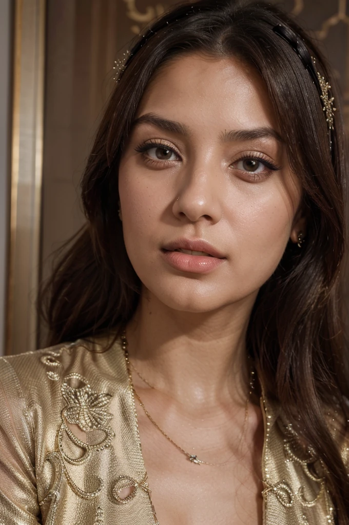 (Best quality, Ultra-detailed, Golden Ratio, Masterpiece:1.2), Studio lighting:0.7, Photorealistic portrait of a beautiful pakistani woman in a mall clothing store, turning her head to the side to showcase a striking earring to the camera. The woman should have a flawless, highly detailed face (Highly Detailed Skin) with soft, luminous skin. Her long hair should be naturally brown and stylishly arranged. The focus of the image on her face and the earring (Sharp Focus on the Face, Perfect Eyes:1.2). The scene should be rendered in muted, warm colors, with the woman standing under a spotlight casting a soft, natural light on her. The photography should feature high-quality film grain (ISO 400, 30mm lens RAW f1.8 aperture, highly detailed) to create the impression of analog photography (Analog Photography:1) with HDR colors, the scene both realistic and stylish. The image should be a full body shot, from head to toe