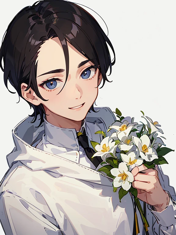 Boy smiling and holding flowers,white backgrounid,Forehead,Hairstyle that reveals the forehead,base of ear,comma hair,Ultra Detail,Haig Quality,sketch,1boy,matured male,Beautiful face,(Black center parting hair:1.3),Handsome men,Pearl skin,White hoodie,drooping eyes,Dynamic Angle,Japan Anime,