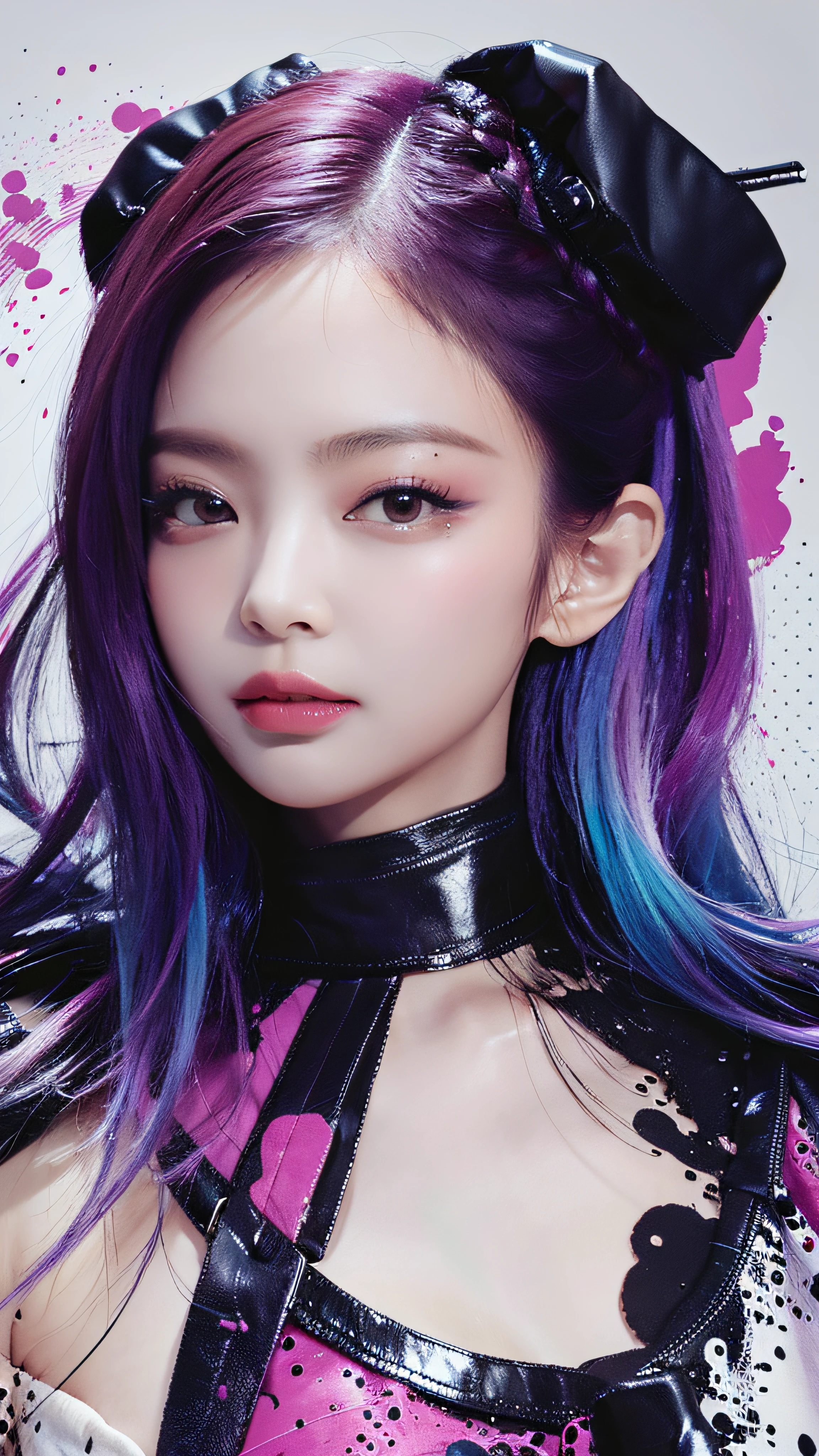 (Masterpiece, Best Quality, High Resolution), White Background, ((Paint Splash, Color Splash, Splash of Ink, Color Splash)), Sweet Chinese Girl, Rainbow Hair, Pink Lips, Front, Upper Body, Jennie Kim,
