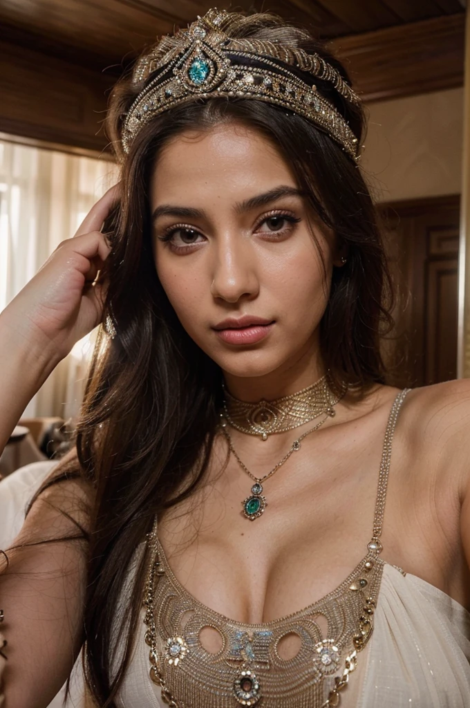 side nude topless portrait of A confident-looking indian woman princess with long flowing hair, hazel eyes, wearing designer jewellery, designer royal crown, visible c-cup breast sitting on royal garden, palace background, bokeh perfect composition, hyperrealistic, super detailed, 8k, high quality, trending art, trending on artstation, sharp focus, nude photo shoot, intricate details, highly detailed, art by greg rutkowski lleva una masacrilla de hospital en la cara