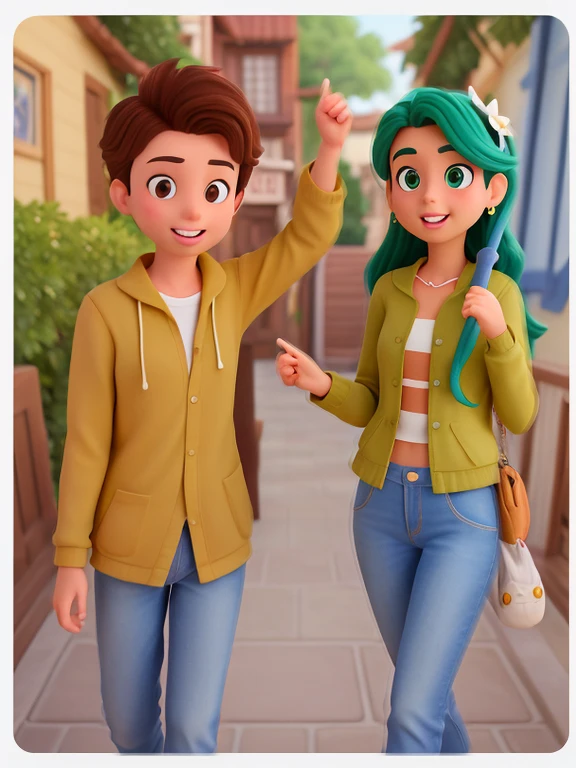Criar uma traed da Disney com o casal da foto. Uma jovem mulher de cabelos grandes castanhos, e um jovem homem de oculos. Com um fundo verde cheio de arvores.
