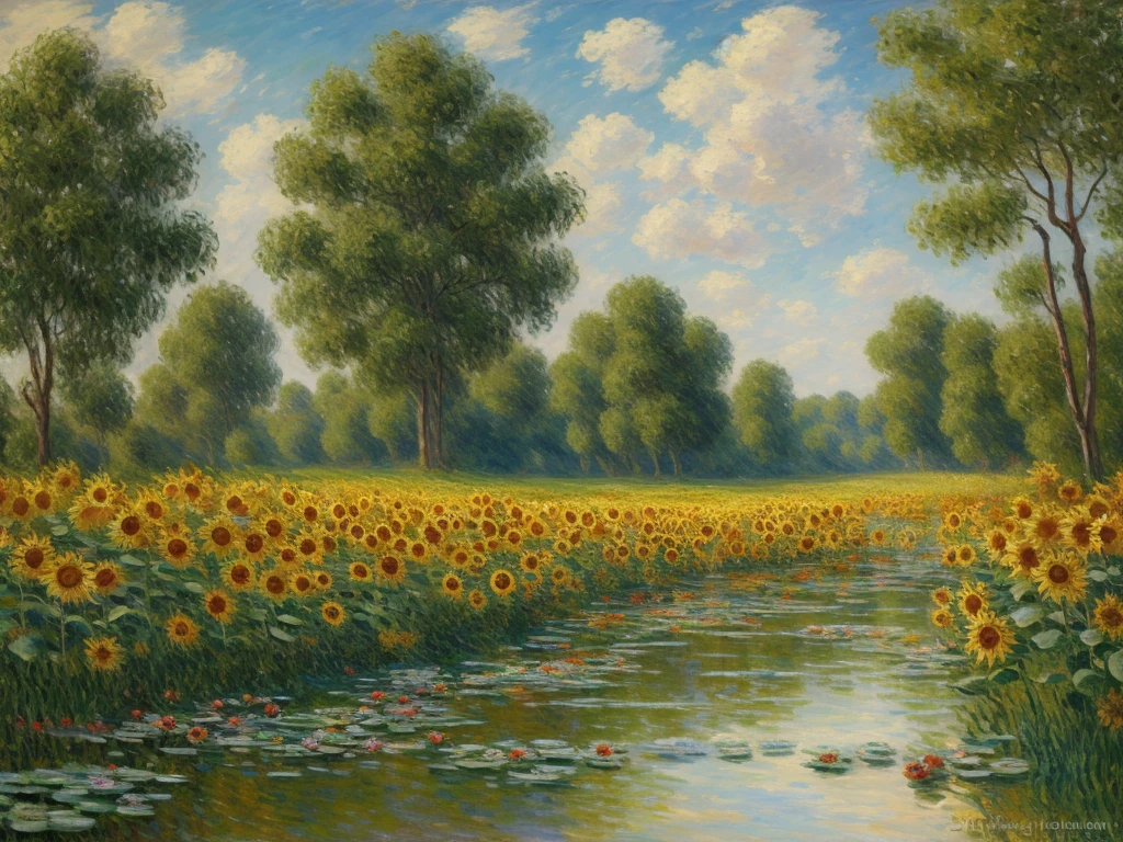 Old painting, oil painting on canvas depicting sunflowers, the work of the artist Claude Monet, a complete imitation of the style of Claude Monet, antique canvas