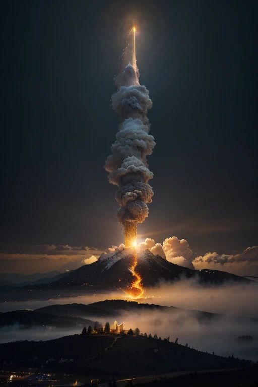 /scenery a divine Biblical journey: The Lord leading with a massive verticle winding plume of fire by night. Capture the majestic scene with a panoramic shot, emphasizing the awe-inspiring contrast between the warm, ethereal glow of the fire and the cool, billowing clouds. Use a Nikon D850 or Canon EOS R6 Mark II with an EE 70mm lens for high-resolution detail. Aim for a photorealistic rendering that vividly portrays the divine guidance with HDR effects. Keywords: spiritual, majestic, panoramic, high resolution, HDR, ethereal, divine light, and atmospheric.