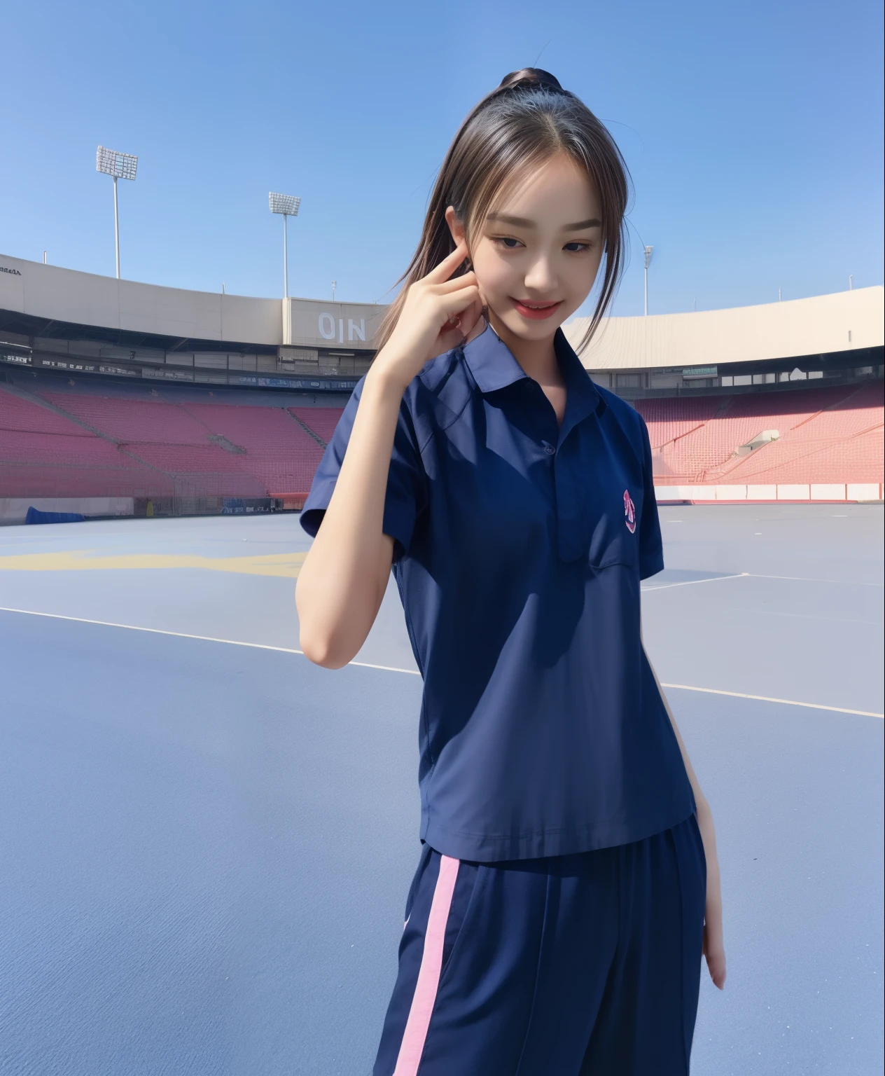 (bestquality,10,10,highres,masterpiece:1.2),ultra-detail,(Realistic,photorealistic portrait,photo-realistic:1.37),1 Cute girl in the football field,oily shiny skin,bara,light smile,BDclothelue shirt:1.3)),short sleeves,shirt, trousers.,(navy_long_Pants Track:1.1), ((Stadium Background:1.3)),dynamic angle,excited,face focus,Dynamic Poses,from behide,Ass Focus,masterpiece, bestquality, ultra realistic, hyper-detail, 8k resolution, RAW photo, crisp focus, ((Navy blue shirt:1.1)), short sleeves, Long Path, Perfect body, 2 mature women, 18yo, cinematic light,Blue sweatpants,Gymware,Correct anatomy,Complete body, Correct body, sharp face, Anatomically correct body, full entire body, Realistic gestures, long-haired, Realistic poses,Wear long shorts..................................,Long leg span,Shapely,Sculpting Girl, Slender Figure, mannequin mannequins, Shapely, Beautiful body,Blue sweatpants, Two girls kissing