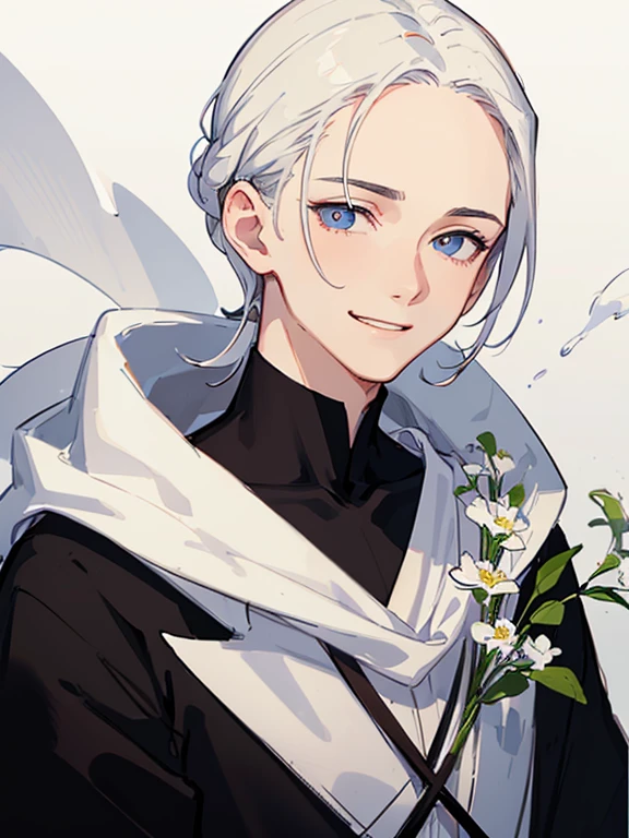 Boy smiling and holding flowers,white backgrounid,Forehead,Hairstyle that reveals the forehead,base of ear,comma hair,Ultra Detail,Haig Quality,sketch,1boy,matured male,Beautiful face,(Black center parting hair:1.3),Handsome men,Pearl skin,White hoodie,drooping eyes,Dynamic Angle,Japan Anime,splash curl hair,