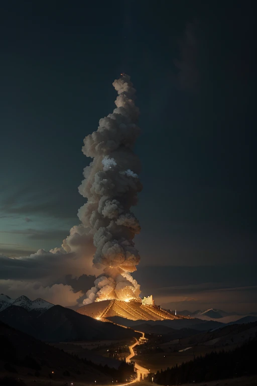 /scenery a divine Biblical journey: The Lord leading with a massive verticle pillar of fire by night on a journey through the mountains and valleys. Capture the majestic scene with a panoramic shot, emphasizing the awe-inspiring contrast between the warm, ethereal glow of the fire and the cool, billowing clouds. Use a Nikon D850 or Canon EOS R6 Mark II with an EE 70mm lens for high-resolution detail. Aim for a photorealistic rendering that vividly portrays the divine guidance with HDR effects. Keywords: spiritual, majestic, panoramic, high resolution, HDR, ethereal, divine light, and atmospheric.