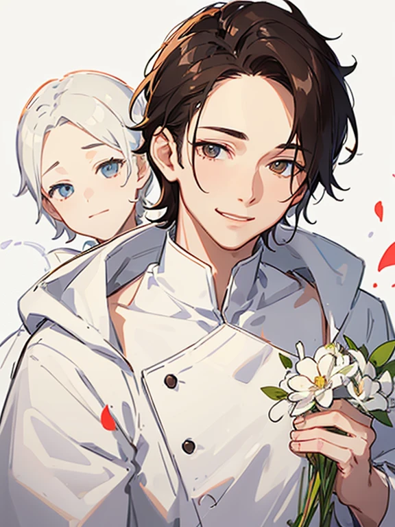 Boy smiling and holding flowers,white backgrounid,Forehead,Hairstyle that reveals the forehead,base of ear,comma hair,Ultra Detail,Haig Quality,sketch,1boy,matured male,Beautiful face,Handsome men,Pearl skin,White hoodie,drooping eyes,Dynamic Angle,Japan Anime,splash curl hair,Dark brown hair,