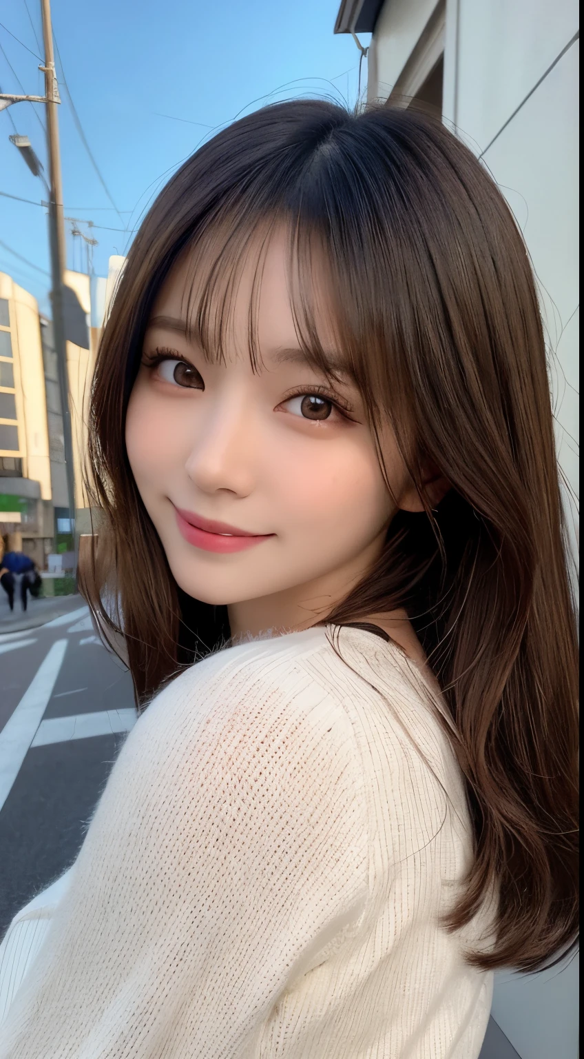 masutepiece, Best Quality, Illustration, Ultra-detailed, finely detail, hight resolution, 8K Wallpaper, Perfect dynamic composition, Beautiful detailed eyes, tokyo fashion(Fluffy long sleeves),Cute hairstyles,small tits,Natural Color Lip, Random cute poses of girls,Smile、20 years girl、Cute、sexy look at the camera,Blur the background,Slim face and body,beautifull detailed face