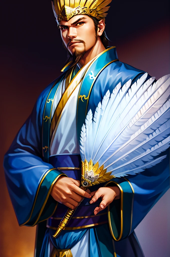 1boy, (8K, The highest image quality, masutepiece: 1.4), Final Fantasy, (Fantasy), (Lighting), Solo, White Chinese Chat, chinese clothes, (Handle Feather Fan), feather, White cloth, cloud, an eagle, Wings