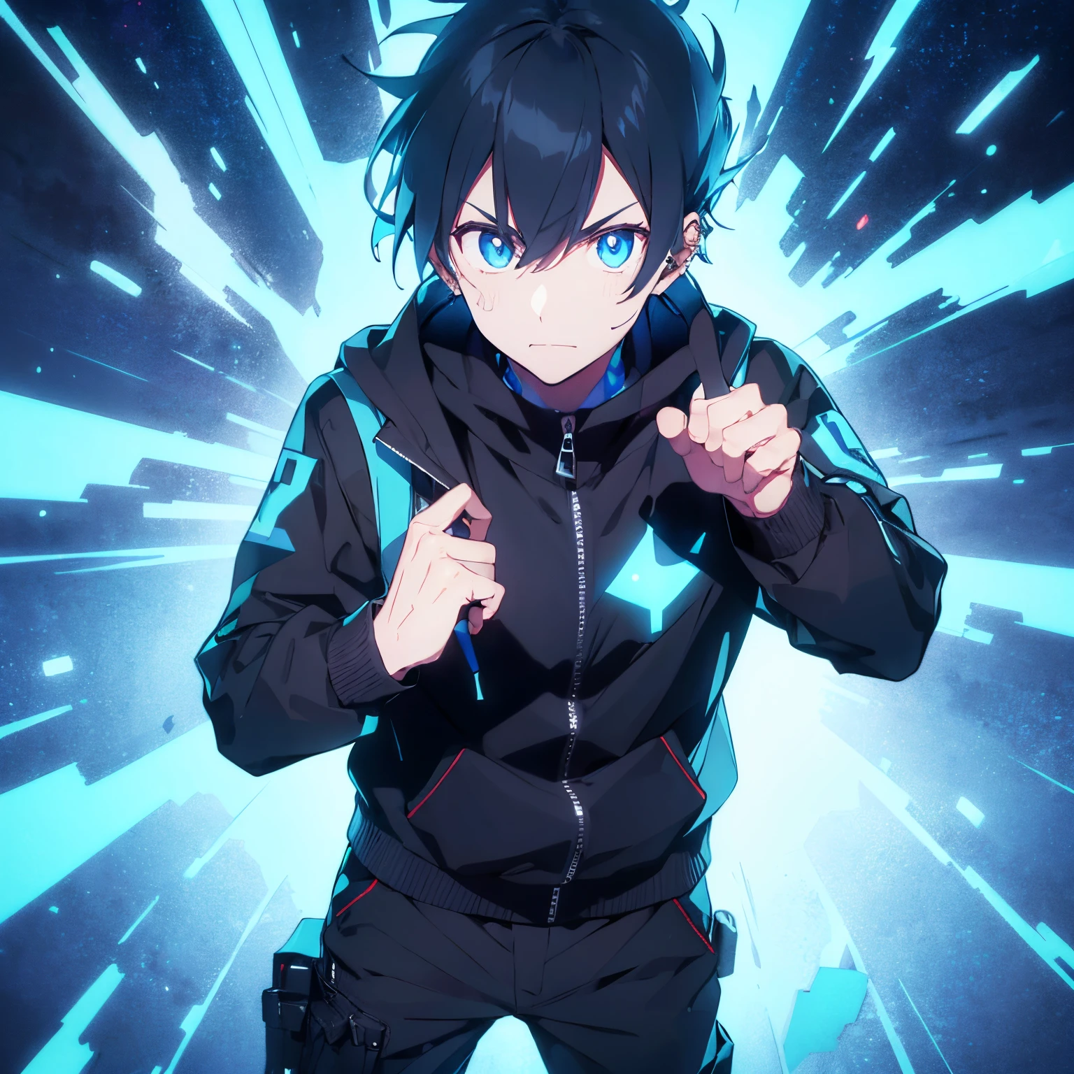 tall and lean individual with piercing blue eyes. Hwle is wearing a black jacket with no short under and has black cargo pants. His hand also has blue flames on it and lighting is sparking from his eyes.