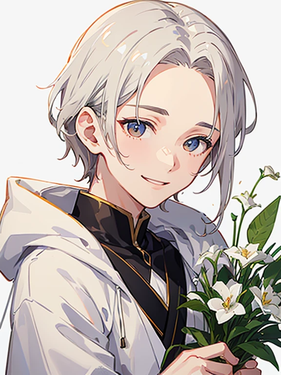 Boy smiling and holding flowers,white backgrounid,Forehead,Hairstyle that reveals the forehead,base of ear,comma hair,Ultra Detail,Haig Quality,sketch,1boy,matured male,Beautiful face,Handsome men,Pearl skin,White hoodie,drooping eyes,Dynamic Angle,Japan Anime,splash curl hair,dark brown hair,独奏.