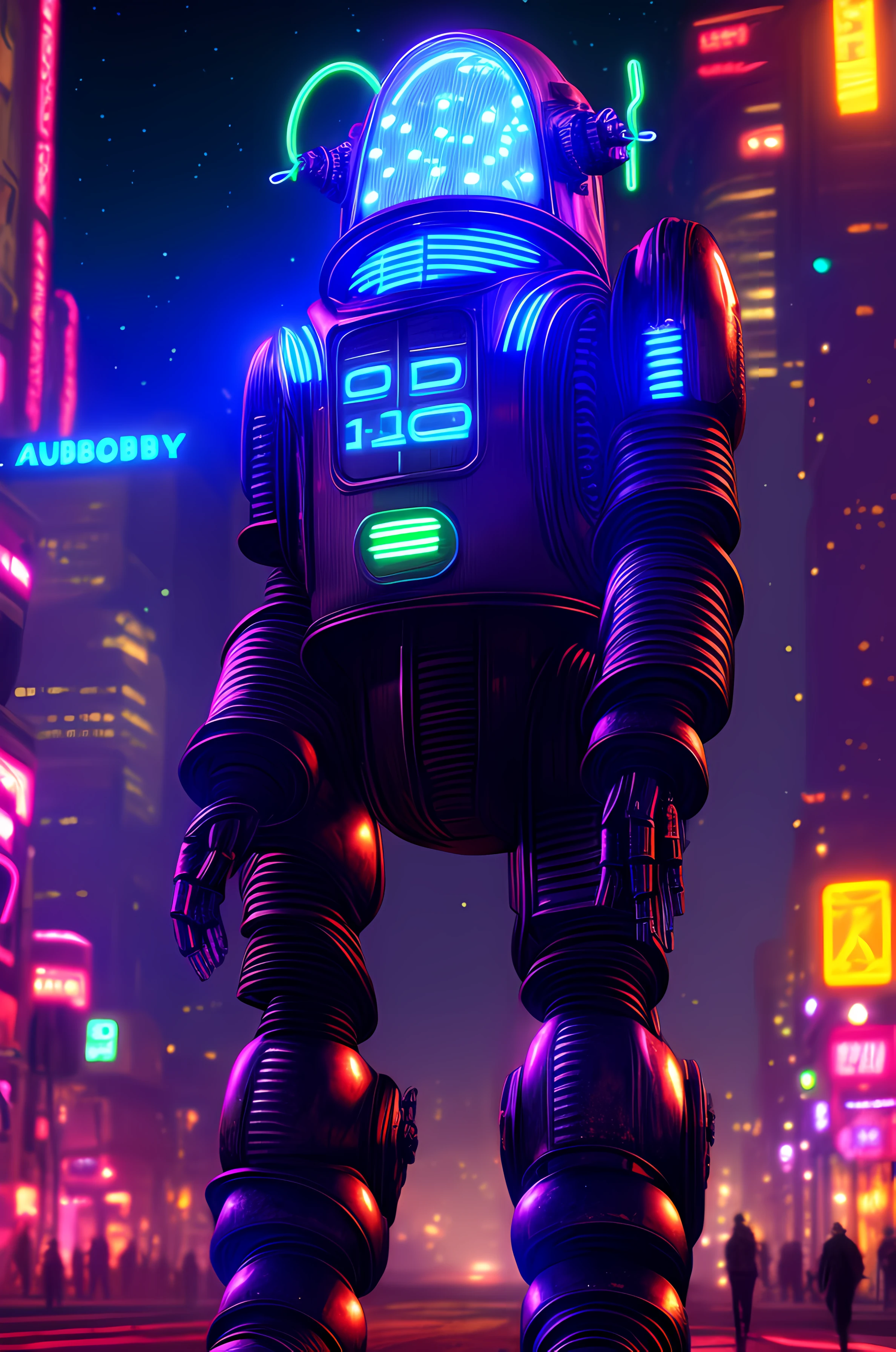 robby3  1robot a black robot in a cyberpunk dystopian alien city at night, neon, (cosmic), cinematic detailed, high quality, highres, 8k, high saturation