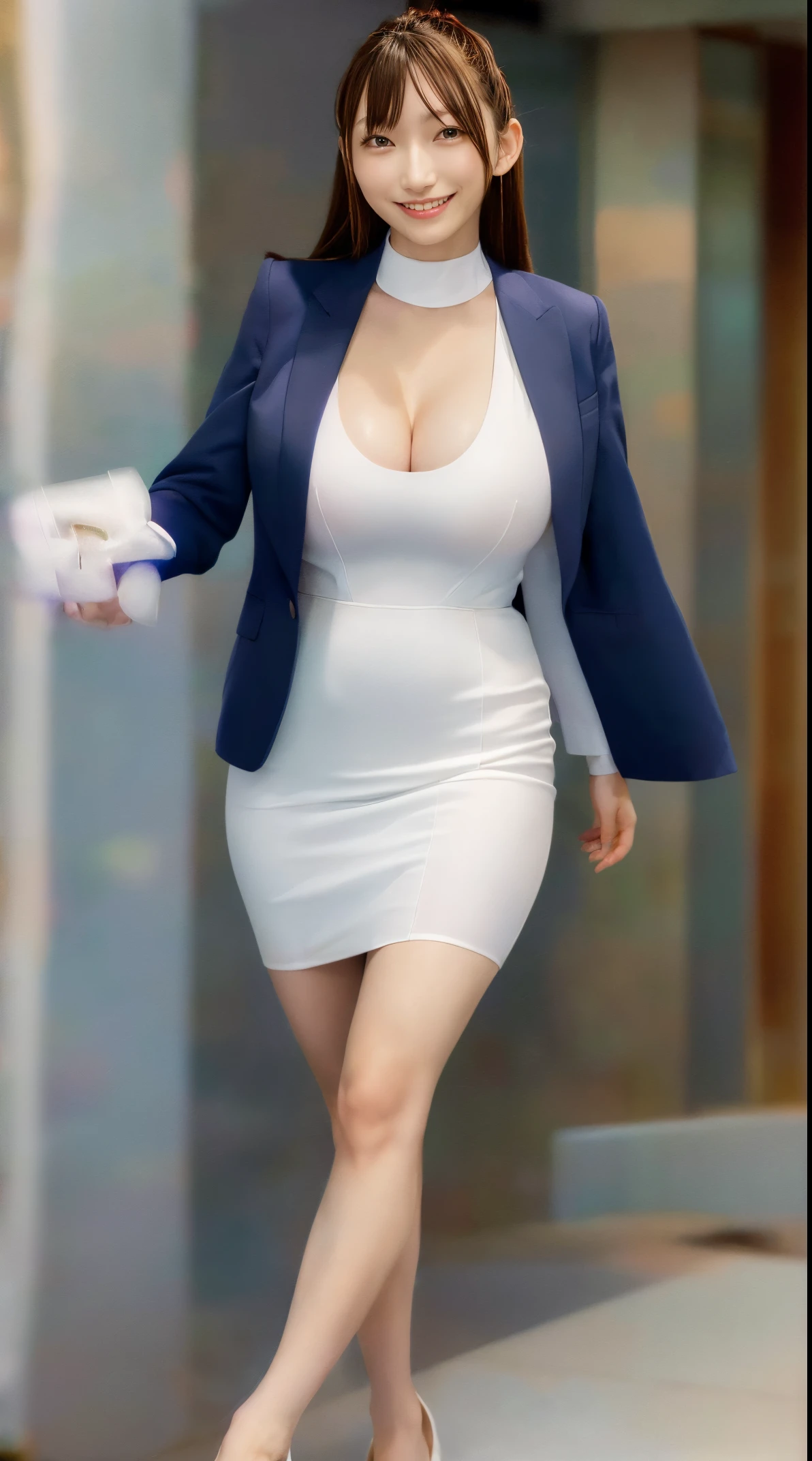 in 8K、超A high resolution、Best Quality、masuter piece、Photorealsitic、The ultra -The high-definition、(huge tit、Pretty big breasts、Hide all breasts、toned body:1.18)(Always office lady、Always wear a white dress shirt and navy tight skirt、Office in a high-rise building:1.3)(Brown Longhair、A Japanese Lady、Super cute、Cute smile:1.28)Black Pin Heels
