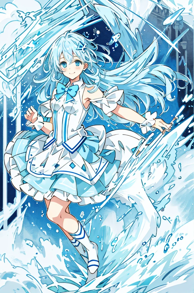 Light Blue Magical Girl，splash water，Light blue long-haired，magia，Eau，Light blue drop-shaped stick，Light blue ribbon at chest，Fluffy skirt，flying though the air，a smile