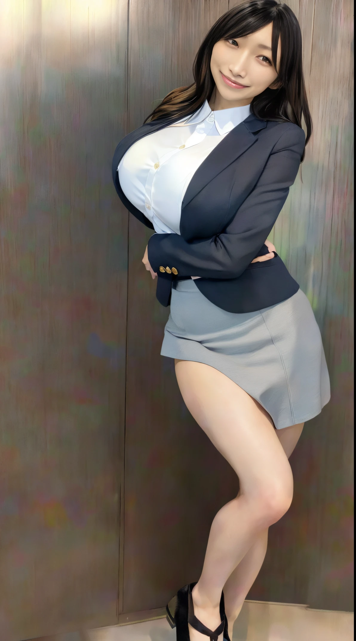 in 8K、超A high resolution、Best Quality、masuter piece、Photorealsitic、The ultra -The high-definition、(huge tit、Pretty big breasts、Hide all breasts、toned body:1.18)(Always office lady、Always wear a white shirt、Must wear a tight gray skirt and jacket、Office in a high-rise building:1.3)(Brown Longhair、A Japanese Lady、Super cute、Cute smile:1.28)Black Pin Heels