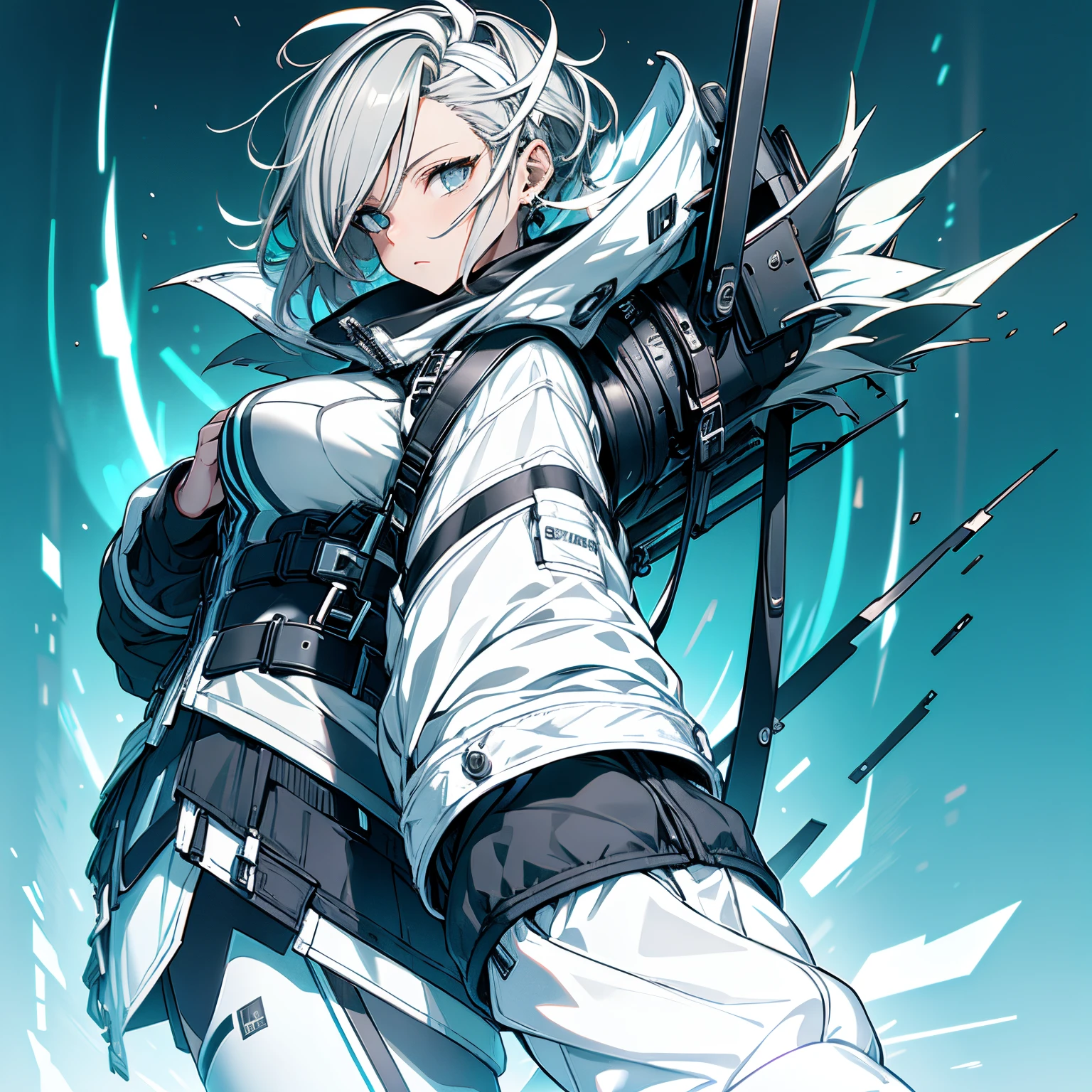 (masutepiece:1.2, Best Quality), [1 girl in, expressioness, Turquoise eyes, slate gray hair, half short hair,White jacket,Jacket is taken off, ] (Gray white background:1.2),