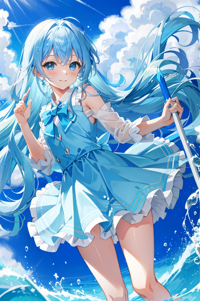 Light Blue Magical Girl,splash water,light blue long-haired,magia,Eau,Light blue drop-shaped stick,Light blue ribbon at chest.,Fluffy skirt,flying though the air,A smile