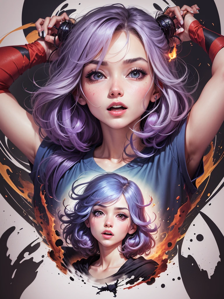 Anime style woman with fire, s face, expressing pleasure, short clothes, symmetrical facial expression body, Random coloring page, 2D, planar vector, Character design, T-shirt design, Colorful splashes, vector art, Fantasy art, watercolor effect,Digital Painting, White BG, 8K --auto --s2