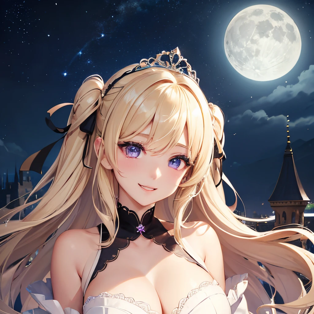 blonde two side up hairstyle、tie your hair with a black ribbon、pure white princess dress、Chest emphasis、Beautiful purple eyes like diamonds、Fantastic and highly detailed very beautiful big smile face、;D、beautiful detailed flowing hair、独奏、Super beautiful illustration、cute and beautiful princess、extremely detailed and beautiful face、extremely detailed fingers、Fantastic and detailed full moon and starry sky、castle balcony background