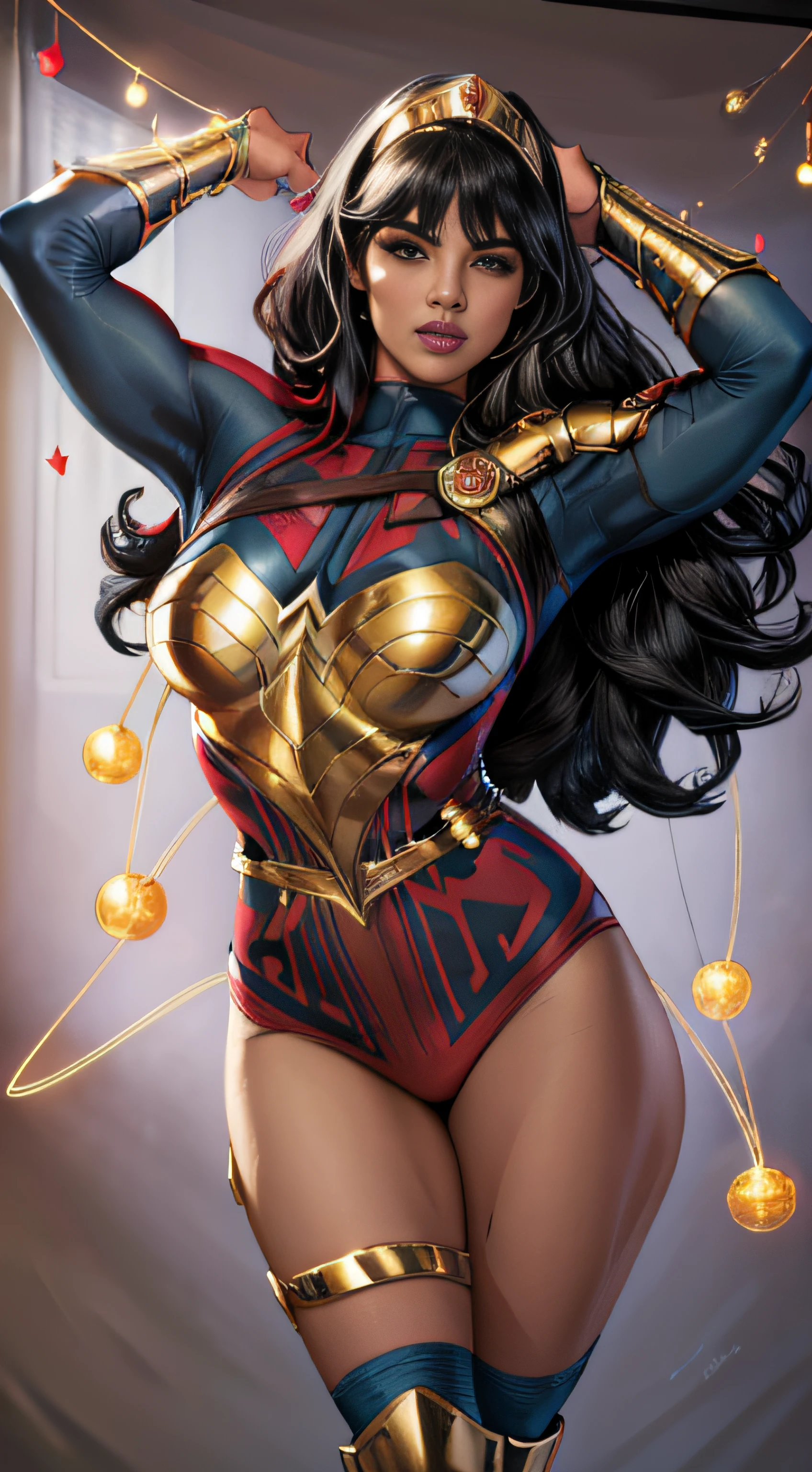 ( Masterpiece, 4k resolution, ultra-realistic, very detailed) beautiful sexy  donna Troy ,beautiful detailed eyes,beautiful detailed lips,extremely detailed face,long eyelashes, sexy,soft lighting,subtle background,professional photography,vivid colors full body , kidnapped by a fan, blushing face () full body (seductive) (ready for ) (biting her liplue eyes) (Donna Troy) Amazon (wonder girl) (black and silver outfit) (silver bracelets)
 (DC comics) portrait photography by artgerm, in the style of realism, glistening skin, , natural lighting, Defined full lips. Muscular fitness feminine body full body (Dakimakura) (on bed)