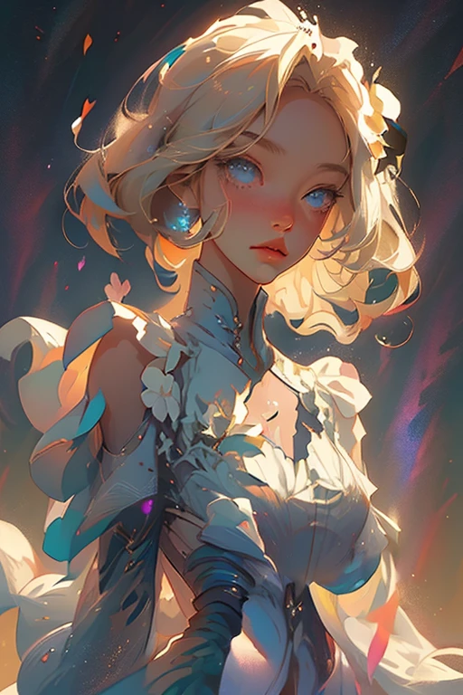 beautiful anime girl, mid twenties, white hair in a bob cut, very tall body, slim build, big breasts, ice-blue eyes, pale skin, full pink lips, tight ass, wears short silver dress, 