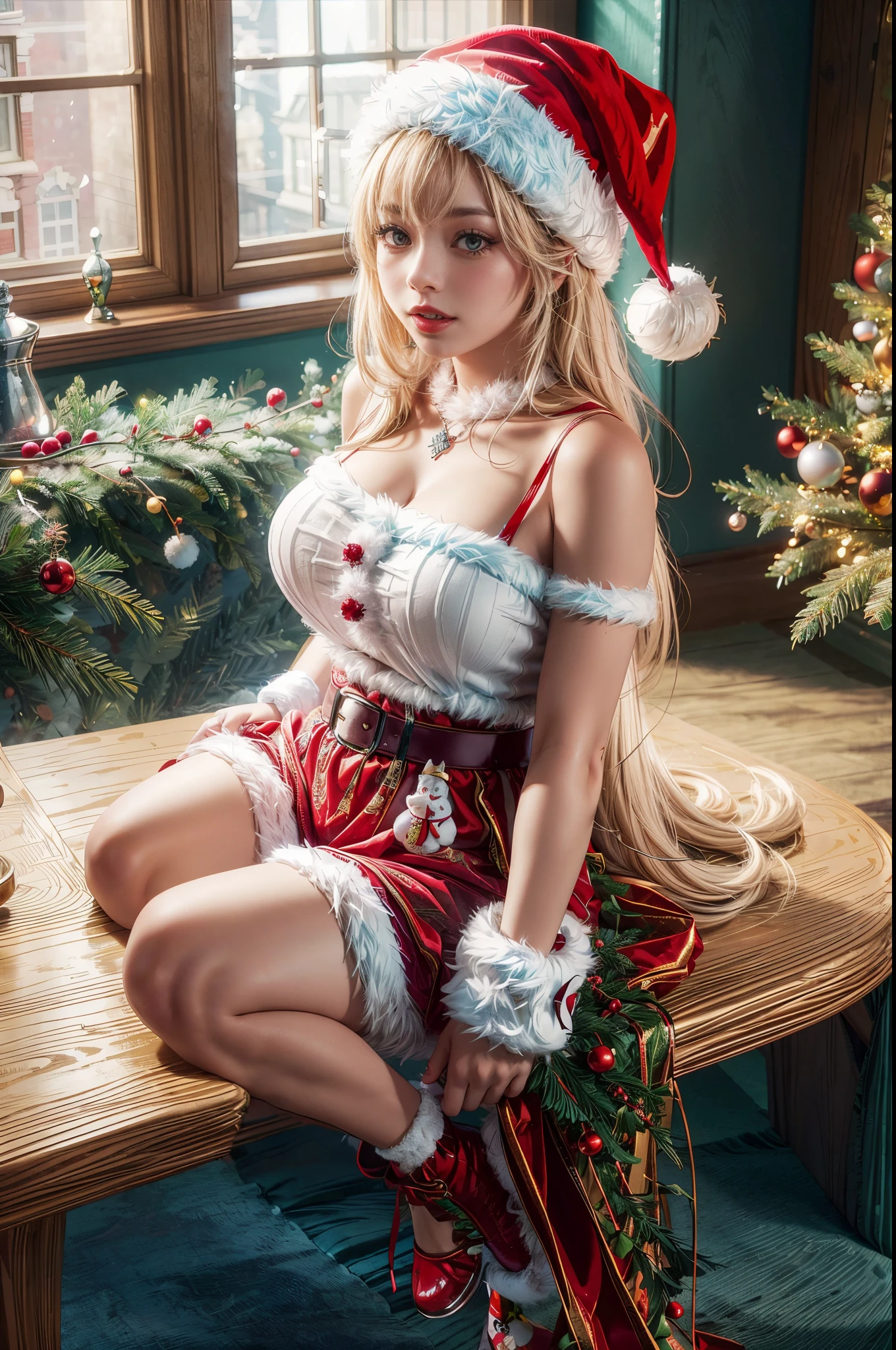 (4k, 8k:1.3), (masterpiece:1.5), (best quality:1.5), realistic, detailed face, looking at viewer, makeup, blush, eyeshadow, fair skin, lips, nose, teeth
incisesoulw, 1girl, breasts, blonde hair, stockings, garter belt, lingerie, strappy high heals, ribbon, solo, spread legs, nipples, breasts out, pussy, brick wall, fireplace, fire, indoors, snowing outside window, christmas, santa costume, brown eyes, hair ornament, hair ribbon, long hair, miniskirt, parted lips, see-through, taut clothes