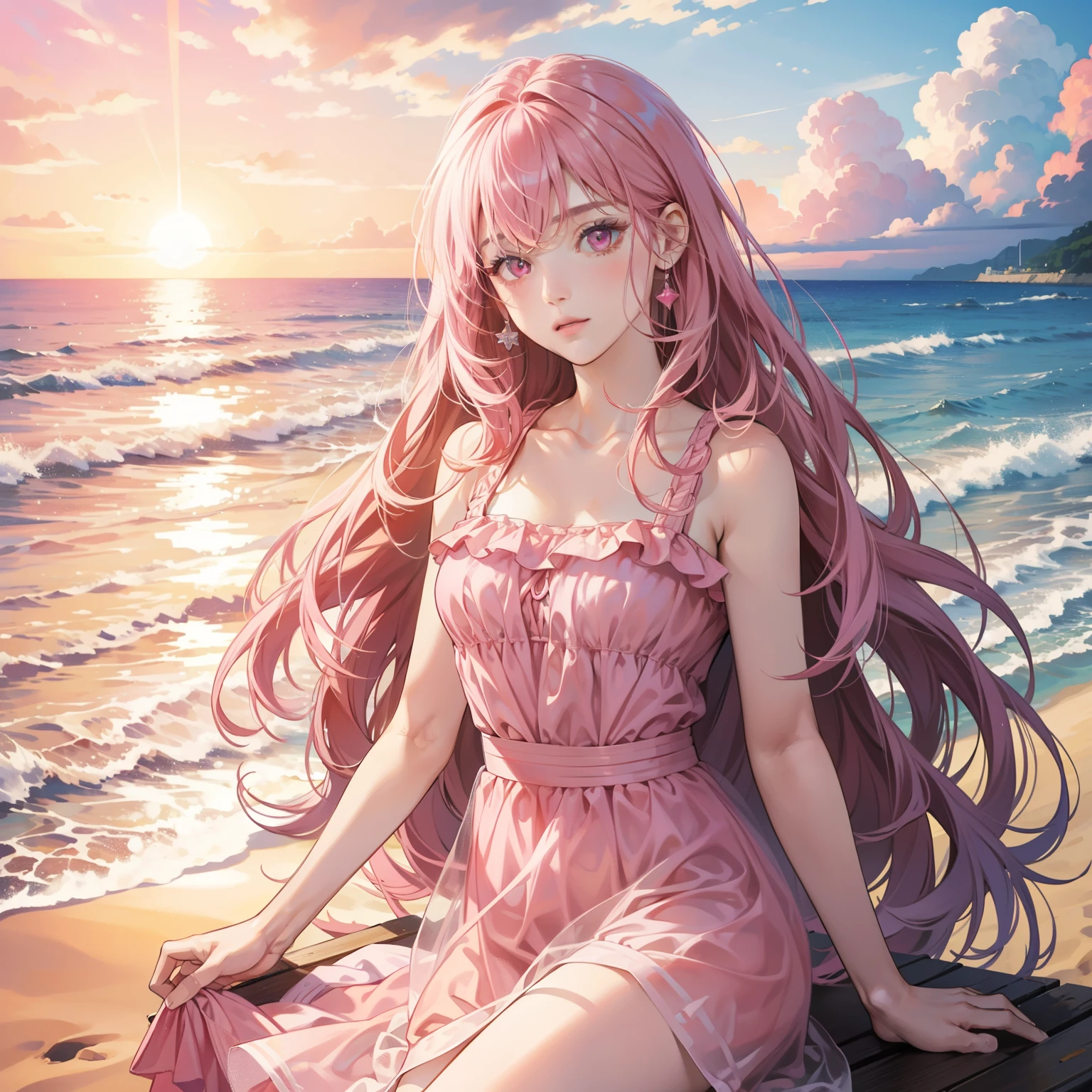 Masterpiece, high quality, best quality, HD, realistic, perfect lighting, detailed body, 1 woman, black pink eyes, long hair, pink Hair, cute expression, glowing, Beach uniform dress, pink Beach background.