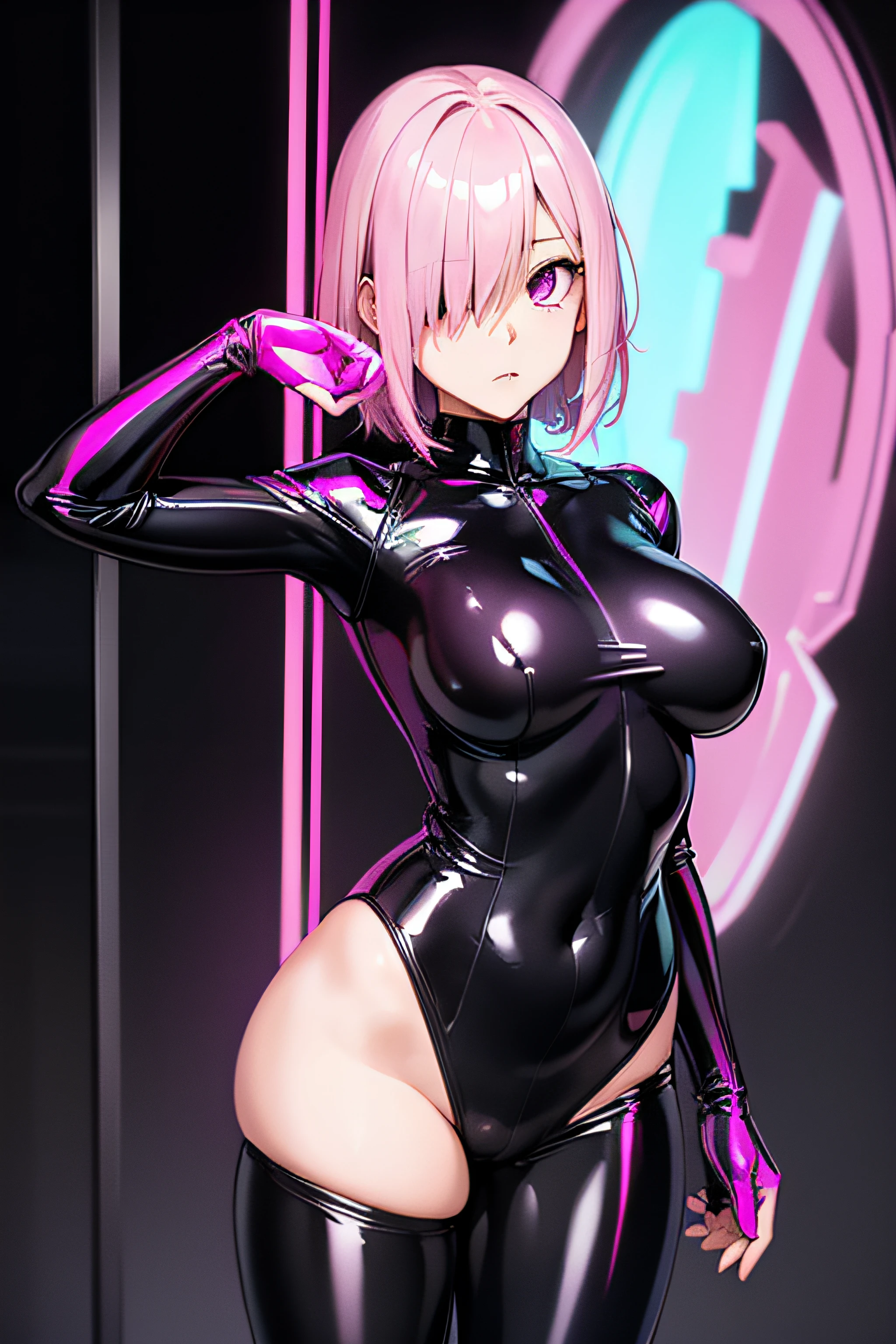{1girl in},{{{{{masutepiece++, Best Quality++, Ultra-detailed+, 超A high resolution,(Photorealistic:1.4)Cowboy Shot,Mash Kyrielight, (Fate)Raw photo,(Mash Kyrielight)+,(Mash Kyrielight)+,(Mash Kyrielight, (Fate),Pink hair,Short hair,Purple eyes,Hair over one eye ,((Girl in black latex full body suit 1.4)),very aesthetic, Best Quality, absurderes, 1girl in, Brainwashed,}}}} ((purple glowing eyes 1.8)), (huge-breasted:1)The shape of is clearly visible、(The shape of the pubic area is clearly visible))deadpan, laboratory, Darkness Room, (Neon light:1.2), (Night:1.5), stand up and salute