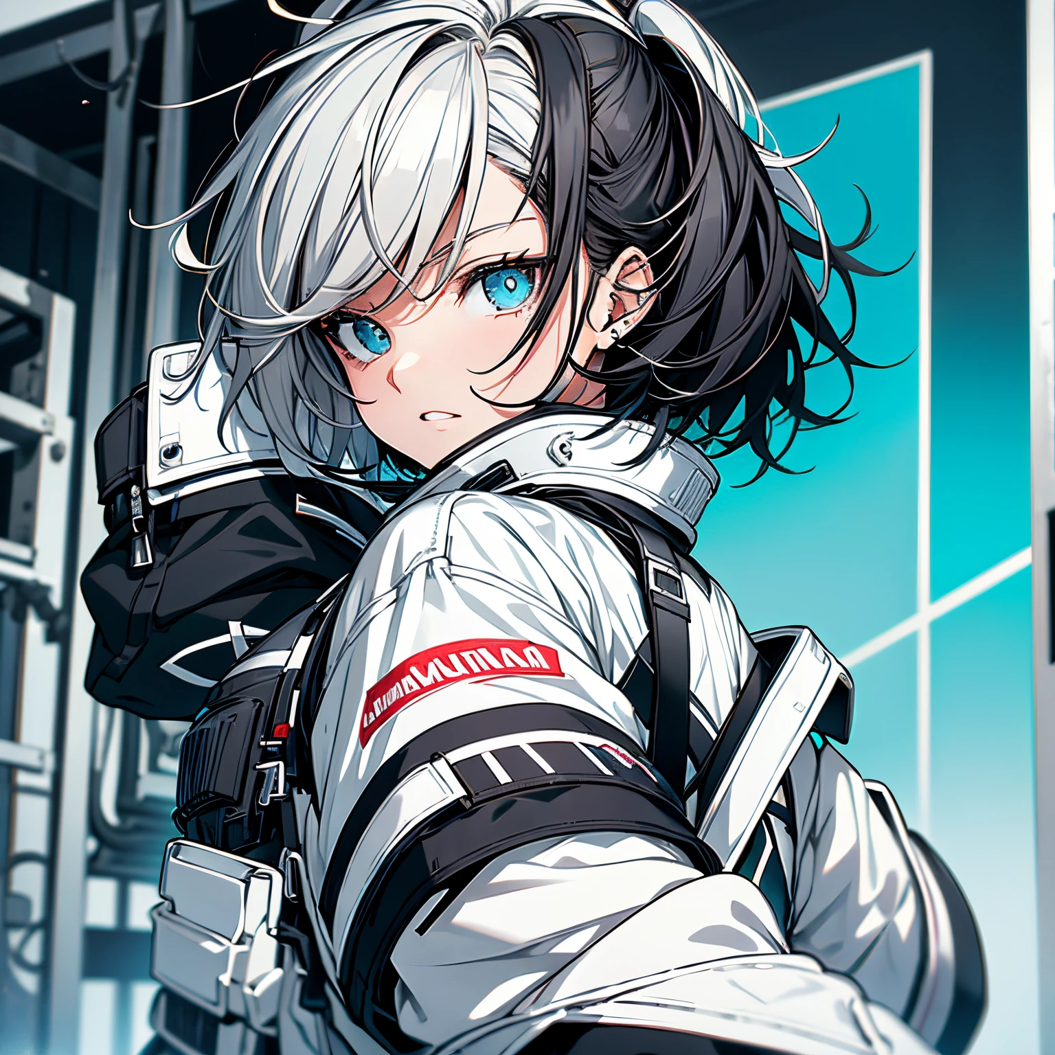 (masutepiece:1.2, Best Quality), [1 girl in, expressioness, Turquoise eyes,jet-black hair, half short hair,White jacket,Jacket is taken off, ] (Gray white background:1.3),