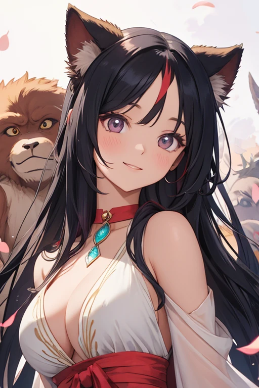 //Character 1girl, beast tamer, slim and soft, medium large breast, ultra detailed face, super cute, innocent, round face, thick eyeblow, sparkly pupils, translucent skin, smiling full of compassion, black hair, red innner colors, multi color hair, straight updo , BREAK //Fashion Her outfit is inspired wild life and peach, it consists silk dress with leaf pattern and peach symbol, choker, a tamed beasts around her, dog, monkey, phaesant, BREAK //LOCATION An island where demons live, beach BREAK // behavior leaning forward, focus on face, leading the dog, the monkey, the phaesant,