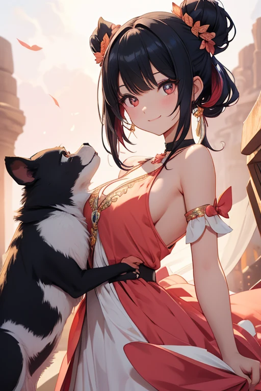 //Character 1girl, beast tamer, slim and soft, medium large breast, ultra detailed face, super cute, innocent, round face, thick eyeblow, sparkly pupils, translucent skin, smiling full of compassion, black hair, red innner colors, multi color hair, straight updo ,
BREAK
//Fashion Her outfit is inspired wild life and peach, it consists silk dress with leaf pattern and peach symbol, choker, a tamed beasts around her, dog, monkey, phaesant,
BREAK
//LOCATION
An island where demons live, beach
BREAK
// behavior
leaning forward, focus on face, leading the dog, the monkey, the phaesant,