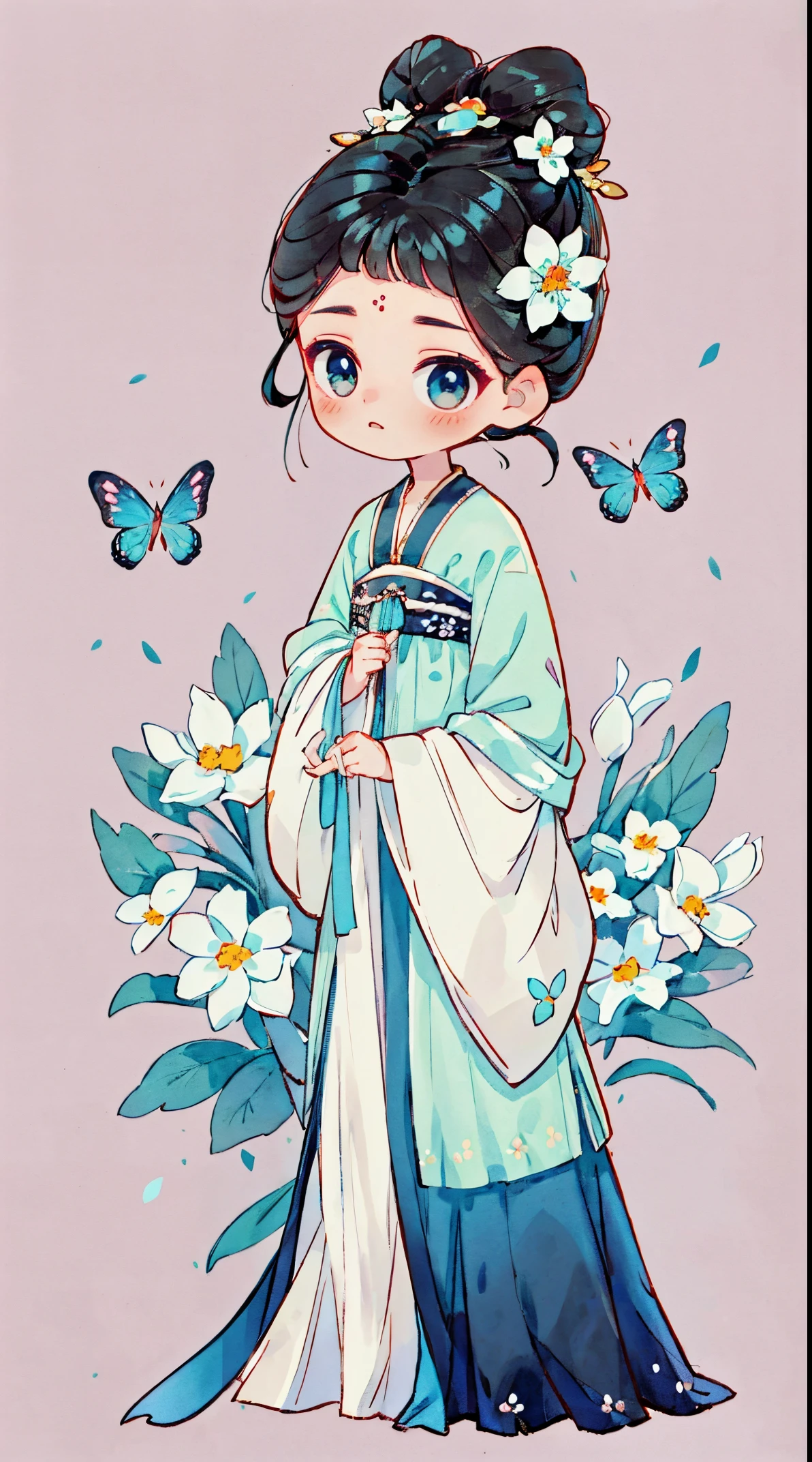 1 Sister, Alone, looking at viewert, face flushed, Background with, black hair color hair, hair adornments, longer sleeves, white backgrounid, Eternal, Full body lesbian, flowers blooming, hairflower, hair-bun, butterflys, tmasterpiece, recent quality, The finest details, Clear facial features, beautidful eyes