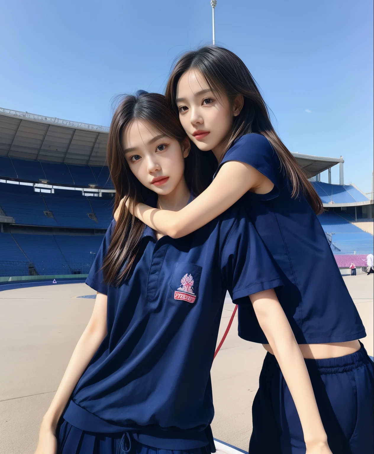 (bestquality,10,10,highres,masterpiece:1.2),ultra-detail,(Realistic,photorealistic portrait,photo-realistic:1.37),1 Cute girl in the football field,oily shiny skin,bara,light smile,BDclothelue shirt:1.3)),short sleeves,shirt, trousers.,(navy_long_Pants Track:1.1), ((Stadium Background:1.3)),dynamic angle,excited,face focus,Dynamic Poses,from behide,Ass Focus,masterpiece, bestquality, ultra realistic, hyper-detail, 8k resolution, RAW photo, crisp focus, ((Navy blue shirt:1.1)), short sleeves, Long Path, Perfect body, 2 mature women, 18yo, cinematic light,Blue sweatpants,Gymware,Correct anatomy,Complete body, Correct body, sharp face, Anatomically correct body, full entire body, Realistic gestures, long-haired, Realistic poses,Wear long shorts...................................,Long leg span,Shapely,Sculpting Girl, Slender Figure, mannequin mannequins, Shapely, Beautiful body,Blue sweatpants, Two girls kissing