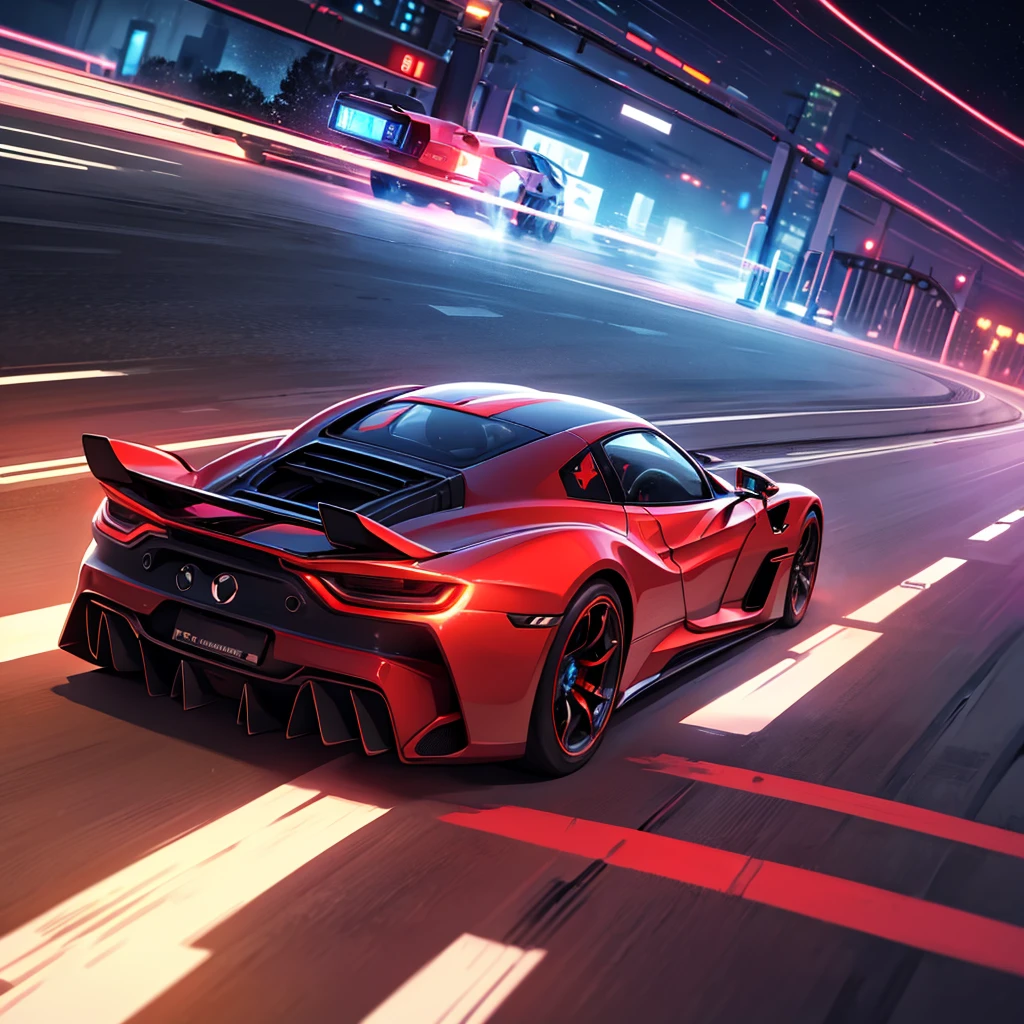 ((Best Quality)), ((Masterpiece)), (Detail: 1.4), Intricate details, Cinematic lighting, Sharp focus, (Futuristic hypercar speeding on the road, Futuristic City), White gold and red livery, Cyberpunk ambience, Night, Light trail, motion blur,
