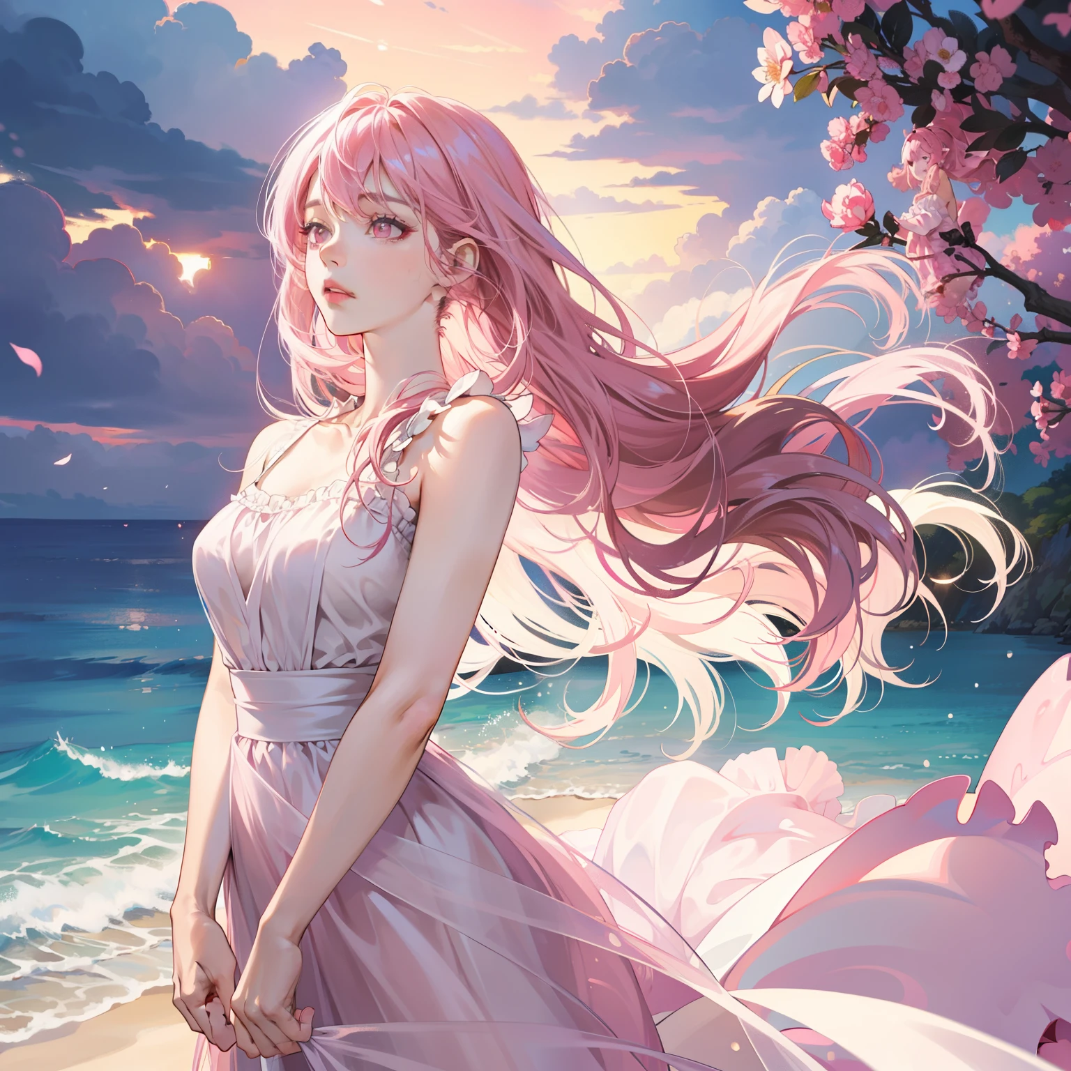 Masterpiece, high quality, best quality, HD, realistic, perfect lighting, detailed body, 1 woman, black pink eyes, long hair, pink Hair, cute expression, glowing, white Beach dress, pink Beach background.