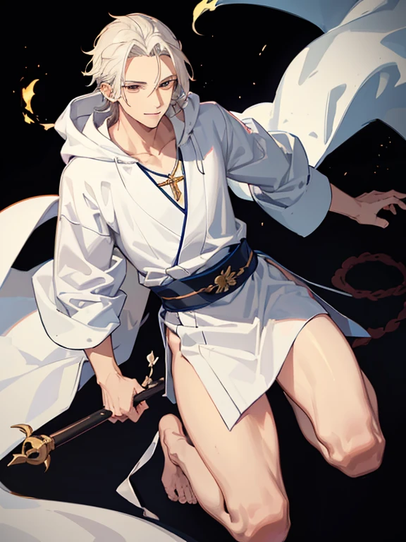 Priest smiling boy,white backgrounid,full body illustration,Forehead,Hairstyle that reveals the forehead,base of ear,comma hair,Ultra Detail,Haig Quality,sketch,1boy,matured male,Beautiful face,Handsome men,Pearl skin,White hoodie,drooping eyes,Dynamic Angle,Japan Anime,splash curl hair,dark brown hair,独奏.