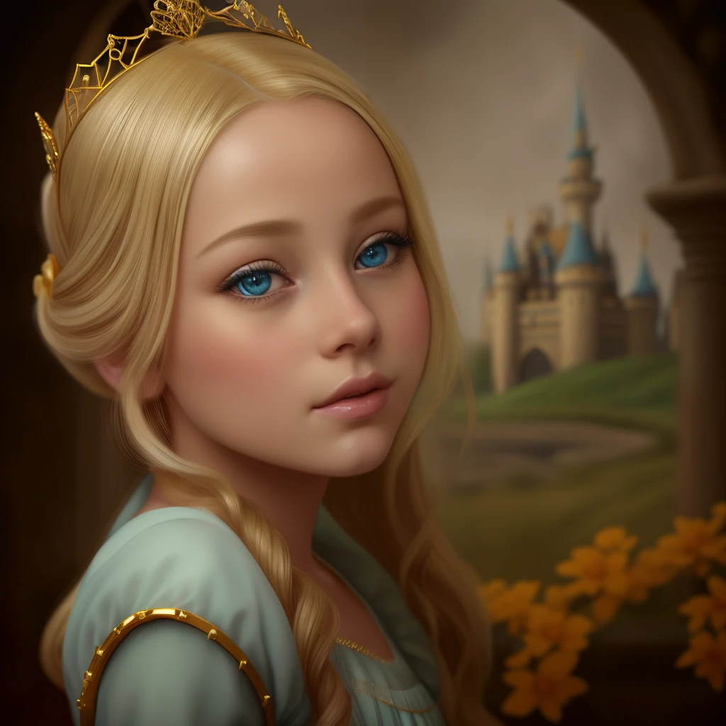 blonde with blue eyes and a golden tiara with small horns in front of a castle, portrait of a princess, blonde - haired princess, Portrait painting of a princess, Beautiful female princess, portrait of a princess, A fairytale work of art, beautiful fantasy art portrait, beautiful princess, beautiful digital illustration, portrait of a princess, portrait of fairy princess, Cute languid princess, beautiful character painting, Detailed matte fantasy portrait