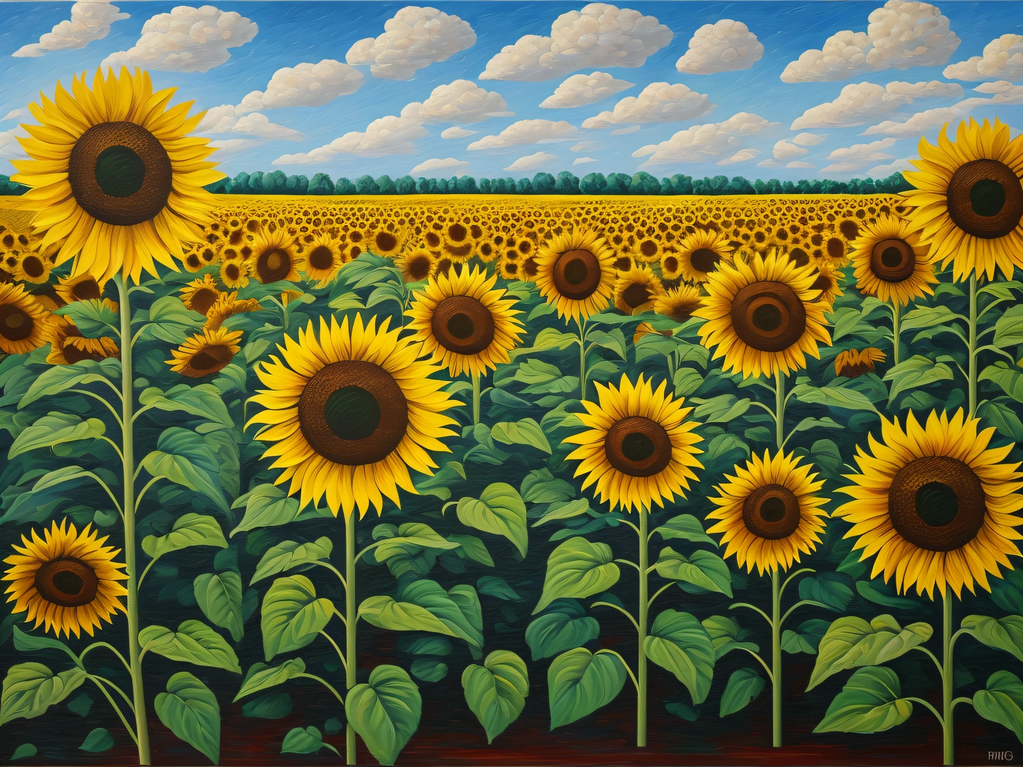 Oil painting on canvas depicting sunflowers in the style of Kazimir Malevich, Vanguard