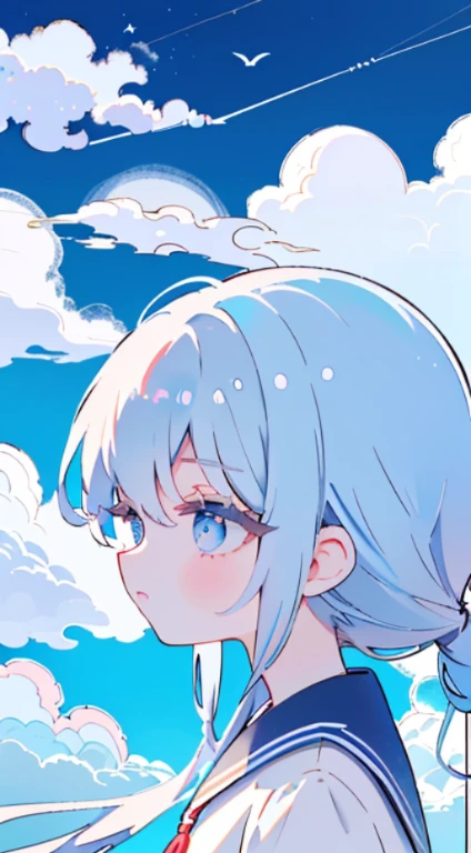 Qing department、sky motif、Summer Sailor Suit、refreshing、Lowered hair、Light blue eyes、looking distantly、One girl、Lots of clouds、ren、天空、​masterpiece、top-quality、Oldest image quality、cute little、profile、Seen from afar、Beautiful sky、Very long hair、very transparent、youthfulness、Top image quality