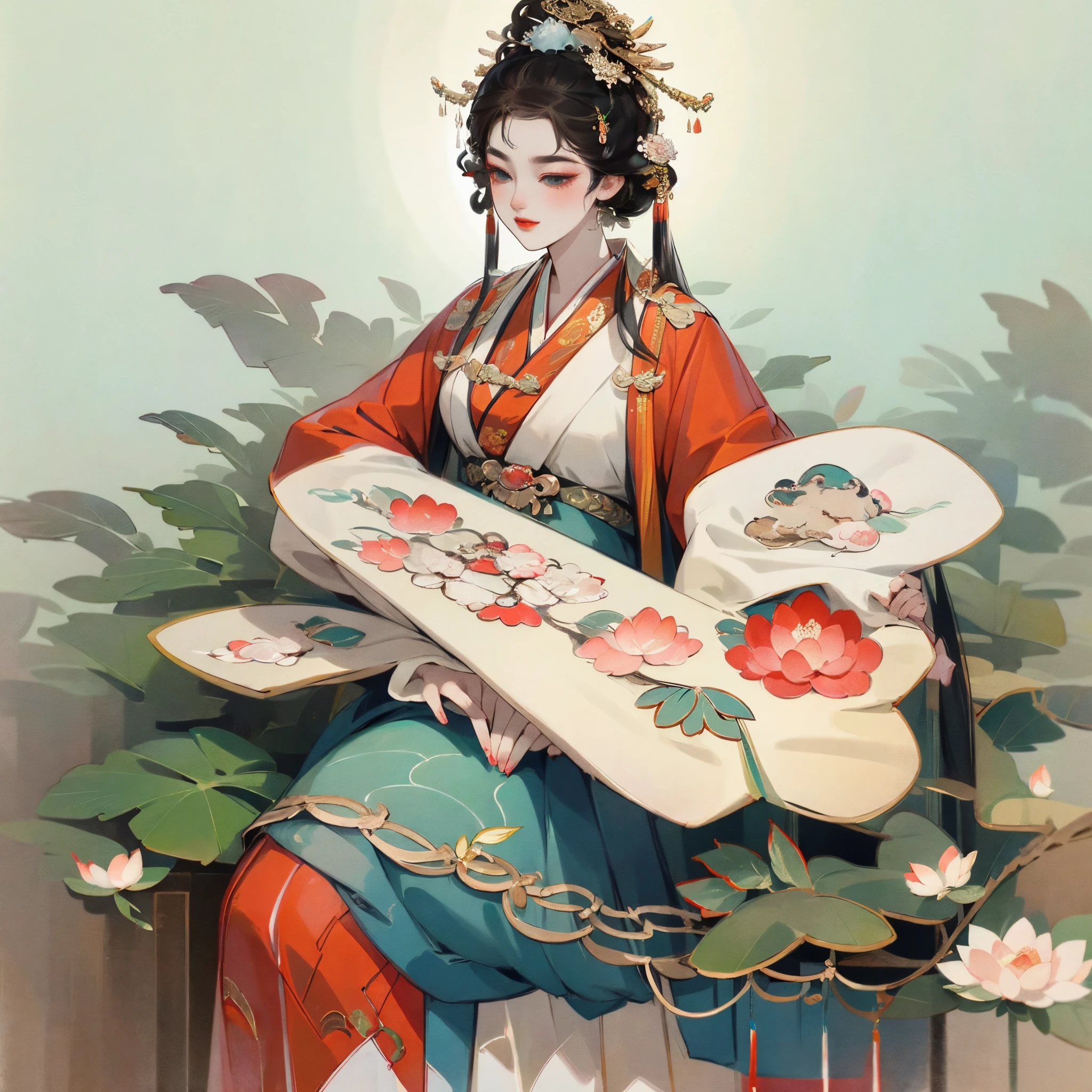 (Chinese big breasts,Oriental elements),(China - Fashion illustration:1.5,Vector painting:1.5),(Chinese color,senior color matching,gradient backgrounds,white backgrounid),(The content is very detailed,Reasonable design,Clear lines,high definition quality,tmasterpiece,offcial art,movie light effect,8K)((8K,tmasterpiece,Best quality at best)), shuimobysim, Traditional chinese painting, Big lotus,rosette, Hanfu, Maxi Chit, Dress conservatively,A young girl on a lotus,Wear vibrant and colorful traditional costumes from different dynasties or regions of China。Dresses can be finely embroidered、Decorated with intricate patterns and traditional symbolull bodyesbian))) She wears elegant hair accessories,Such as traditional hair clips or hair combs,Decorated with pearls、jade or intricate patterns。Highlight natural beauty,rosey cheeks,subtly defined brows,and a little red lipstick。The point is to highlight her features,rather than being overly dramatic。girl standing or sitting elegantly,Exudes dignity and elegance。She can put her hands gently in front of her,You can also hold props such as a decorative fan or a hand-held flower basket.。Wear meaningful accessories,jade bracelet、Red string bracelet or tassel necklace。