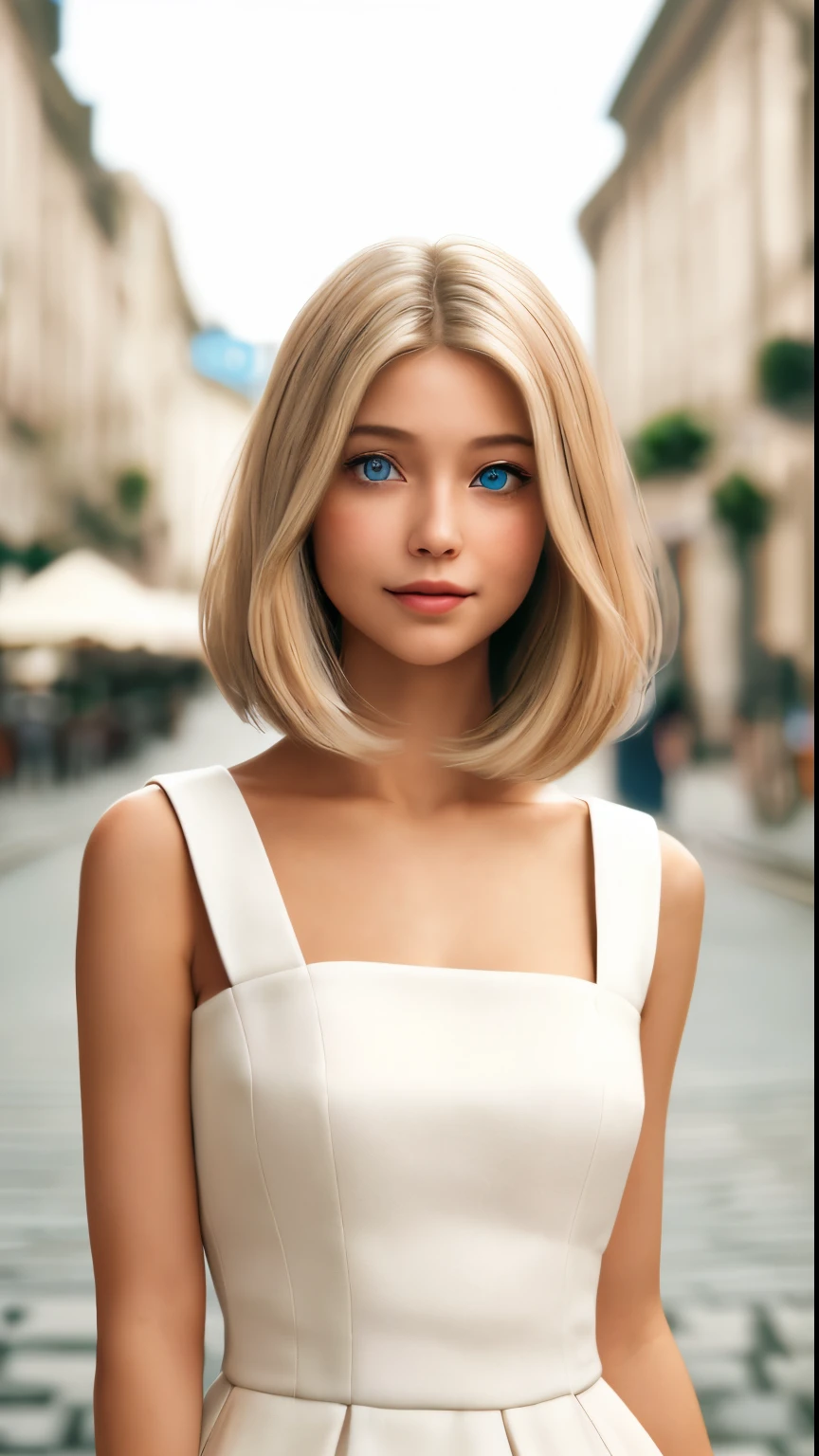 (highres:1.2),ultra-detailed,(realistic:1.37),beautiful blond girl with mesmerizing blue eyes, sporting a stylish long straight bob haircut, elegantly dressed in a flowing white summer dress, standing gracefully on a vibrant city street, surrounded by bustling activity and colorful buildings. The sunlight gently illuminates her flawless skin, creating a soft and ethereal glow. Her eyes are the highlight of her face, captivating anyone who meets her gaze. The wind gently tousles her wavy hair, adding a touch of whimsy to her already charming appearance. The girl exudes confidence and radiates positivity, making everyone she passes by unable to resist the urge to smile. The street is alive with people, each conducting their daily activities, while the young girl seamlessly blends into the urban tapestry. The scene is filled with the delightful sounds of laughter, footsteps, and the distant hum of traffic. The buildings, painted in vibrant hues, create a harmonious backdrop for this picturesque moment. The atmosphere is vibrant and energetic, reflecting the girl's youthful spirit. She is a vision of beauty and serenity amidst the hustle and bustle of the city.