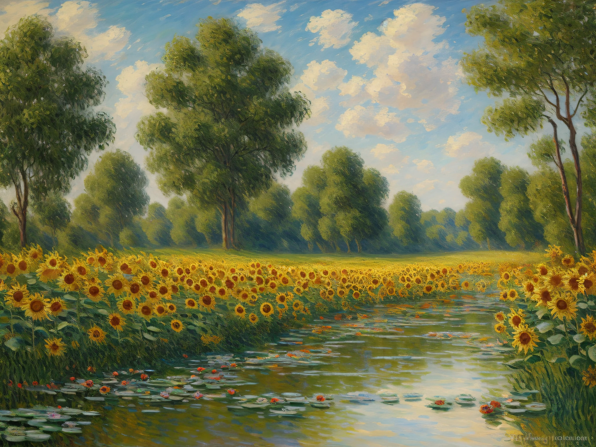 Old painting, Oil painting on canvas depicting sunflowers, works by artist Claude Monet, complete imitation of Claude Monet's style, antique canvas