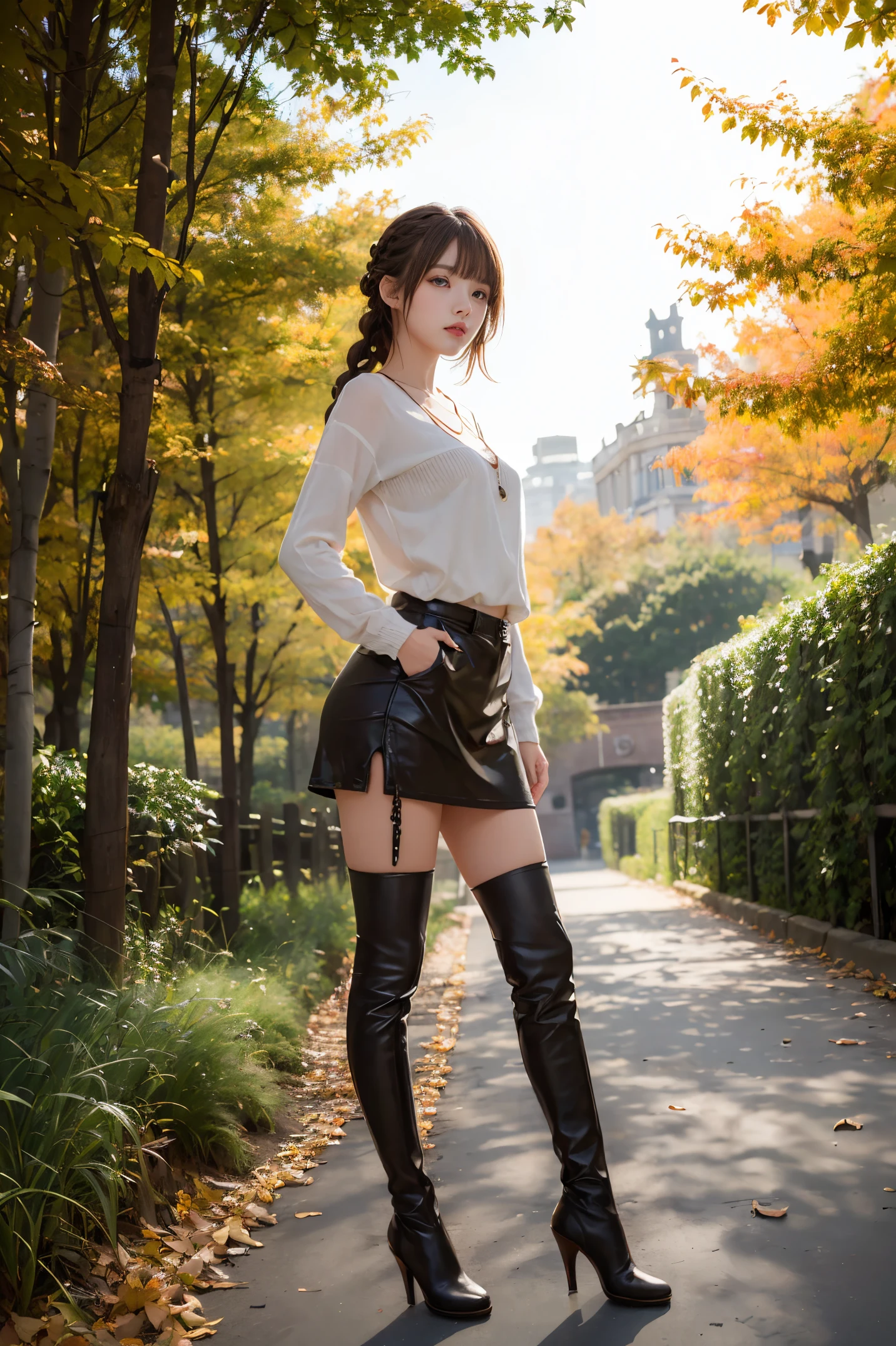 8K分辨率, Ultra-high-definition CG images, Autumn leaves at night🍁, Moonlight, Long Focus, 1girl in, 20yr old, detailed beautiful faces, (bangs braid, bronze:1.4), (stop hair:1.4), (Autumn coordination), a miniskirt, long boots, variation color, Pointed chest, Beautiful chest line, Pendants, Detailed beautiful eyes, bright red autumn leaves, Maple tunnel, depth of fields, absurderes, 24K Graphic Arts, Carefully drawn background, Composition with depth,