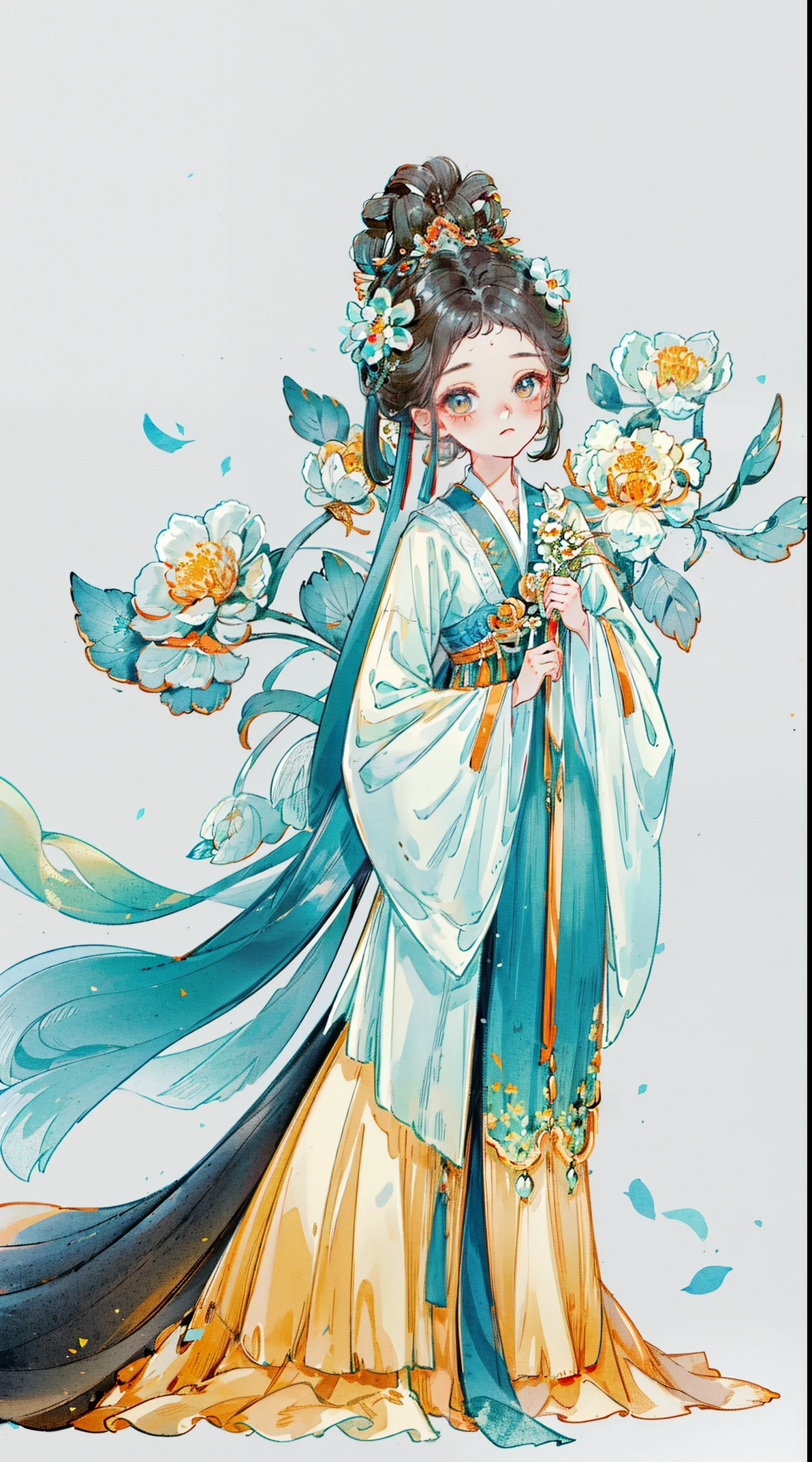 1 Sister, Alone, looking at viewert, face flushed, Background with, black hair color hair, hair adornments, longer sleeves, white backgrounid, everlasting, Full body lesbian, flowers blooming, hairflower, hair-bun, butterflys, tmasterpiece, recent quality, The finest details, Clear facial features, beautidful eyes