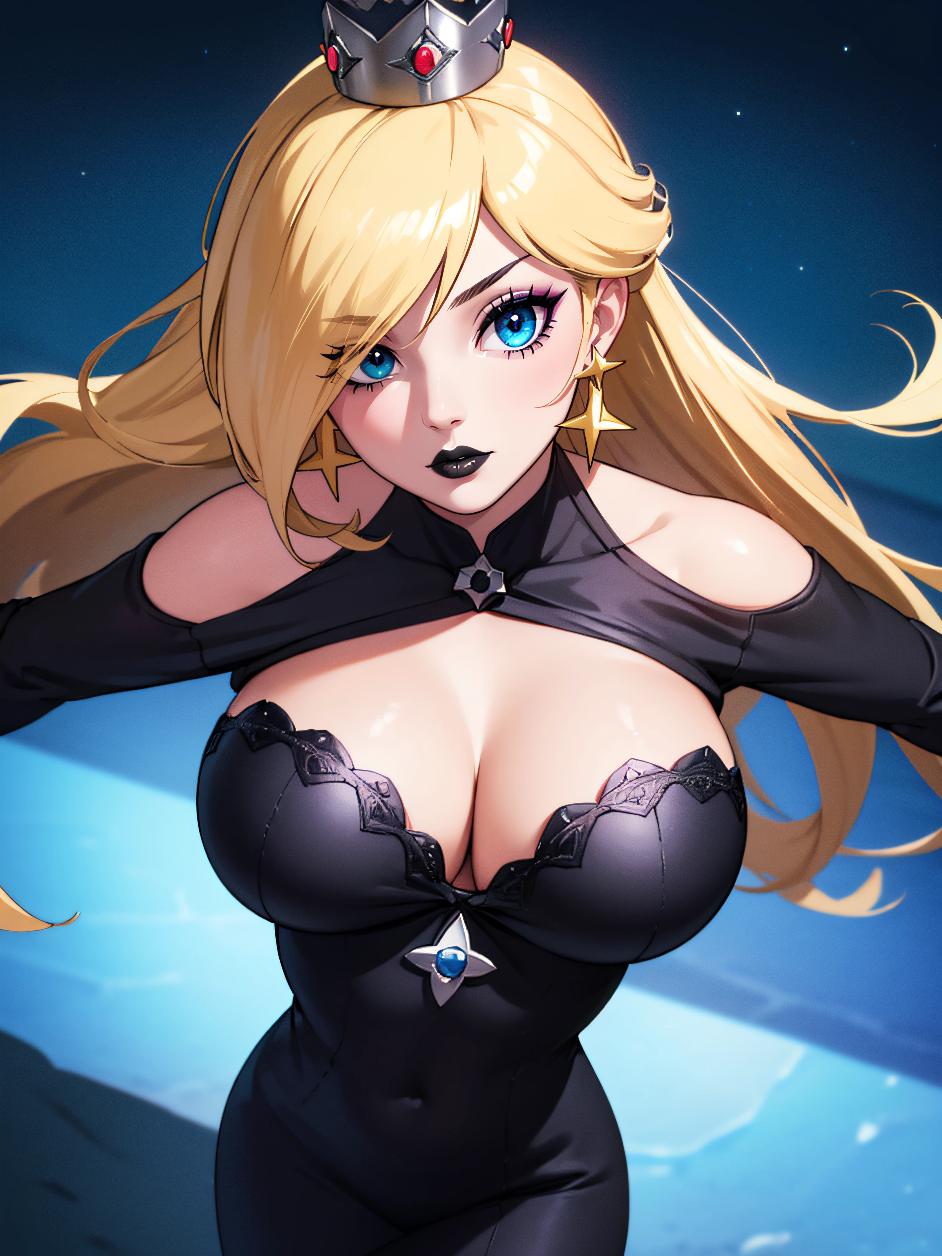 ((high detailed, best quality, 4k, masterpiece, hd:1.3)), Rosalina, blue eyes, BREAK blue eyes, seductive, attractive, sexy smile, smooth anime cg art, 36C breasts, long legs, vivid colors, detailed digital art, slim body, perfect skin, blonde hair, hair over one eye, long hair, BREAK crown, cleavage, 36C cleavage, looking at viewer, BREAK looking at viewer, extremely detailed face, dress, earrings, star earrings, jewelry, gem, dark black makeup lips, dark gothic eyeshadows, dark eyeshadows, black eyeshadows, black sexy lips, black lips, (dark:1.2), dark lips, very dark lips, (perfect hands, perfect anatomy), black makeup, black medium lips, black thick lips, detailed fingers, five fingers per hand, 5 fingers, (1 girl), ldetailed lips, detailed black lips, black painted lips, gothic painted lips, BREAK night, night sky, sky, star \(sky\), star \(symbol\), space, sun, (breast focus), (arms behind back:1.2), (from above:1.1), (breasts out:1.3), (off shoulder:1.1),