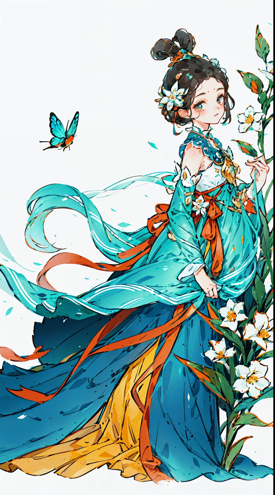 1 Sister, Alone, looking at viewert, face flushed, Background with, black hair color hair, hair adornments, longer sleeves, white backgrounid, everlasting, Full body lesbian, flowers blooming, hairflower, hair-bun, butterflys, tmasterpiece, recent quality, The finest details, Clear facial features, beautidful eyes