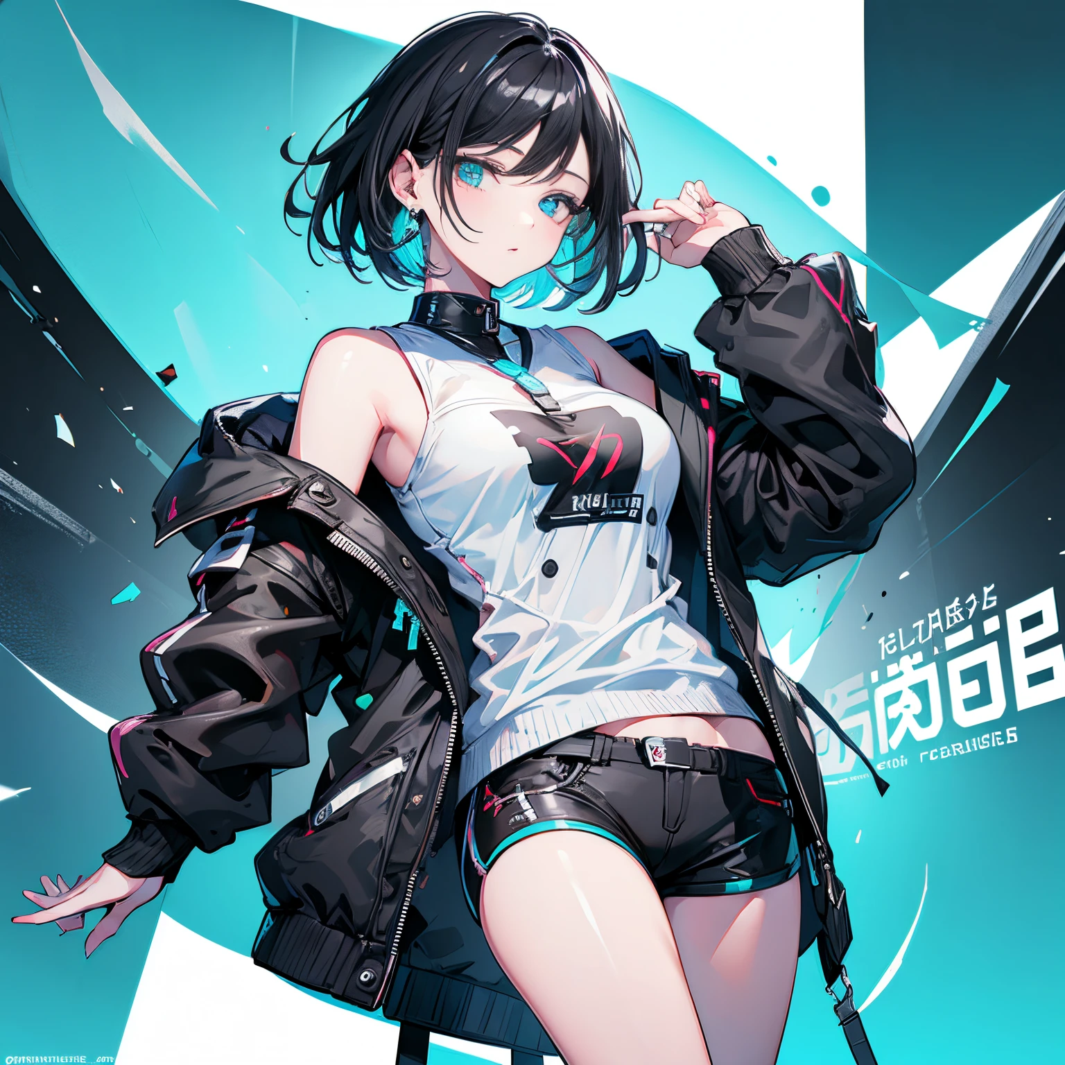 Sci-Fi fashion, high-tech gear, future, cowgirl costume, vest, cowboy hat, fingerless gloves, midriff, neckerchief, short skirt, holster, absurdres, RAW photo, extremely delicate and beautiful, masterpiece, Best Quality, ultra high resolution, 32k, hyperrealistic, ultra-detailed, detailed description, pale skin, 20 years old, tearful mole, earring, short medium hair, wavy hair, whole body shot,