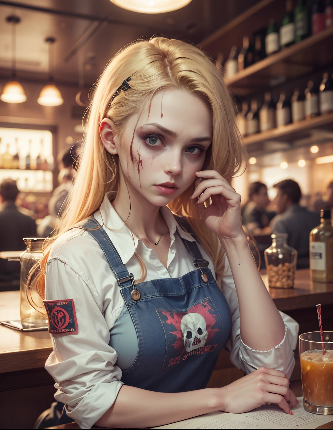 a woman in a diner uniform, blonde messy bun hair, blood on hands, sweating, scared expression, last girl trope, cinematic lighting, dramatic shadows, moody atmosphere, (best quality,8k,highres,masterpiece:1.2),ultra-detailed,(realistic,photorealistic,photo-realistic:1.37),dark,horror,thriller